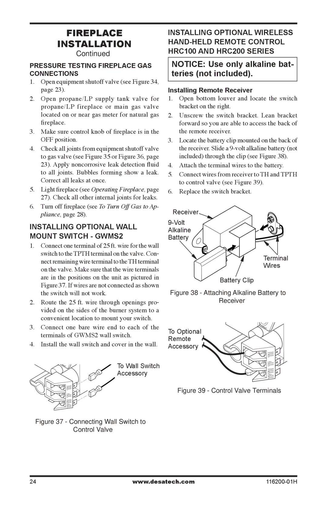 Desa (V)VC36P Series Installing optional wall Mount Switch gwmS2, Pressure Testing Fireplace Gas Connections 