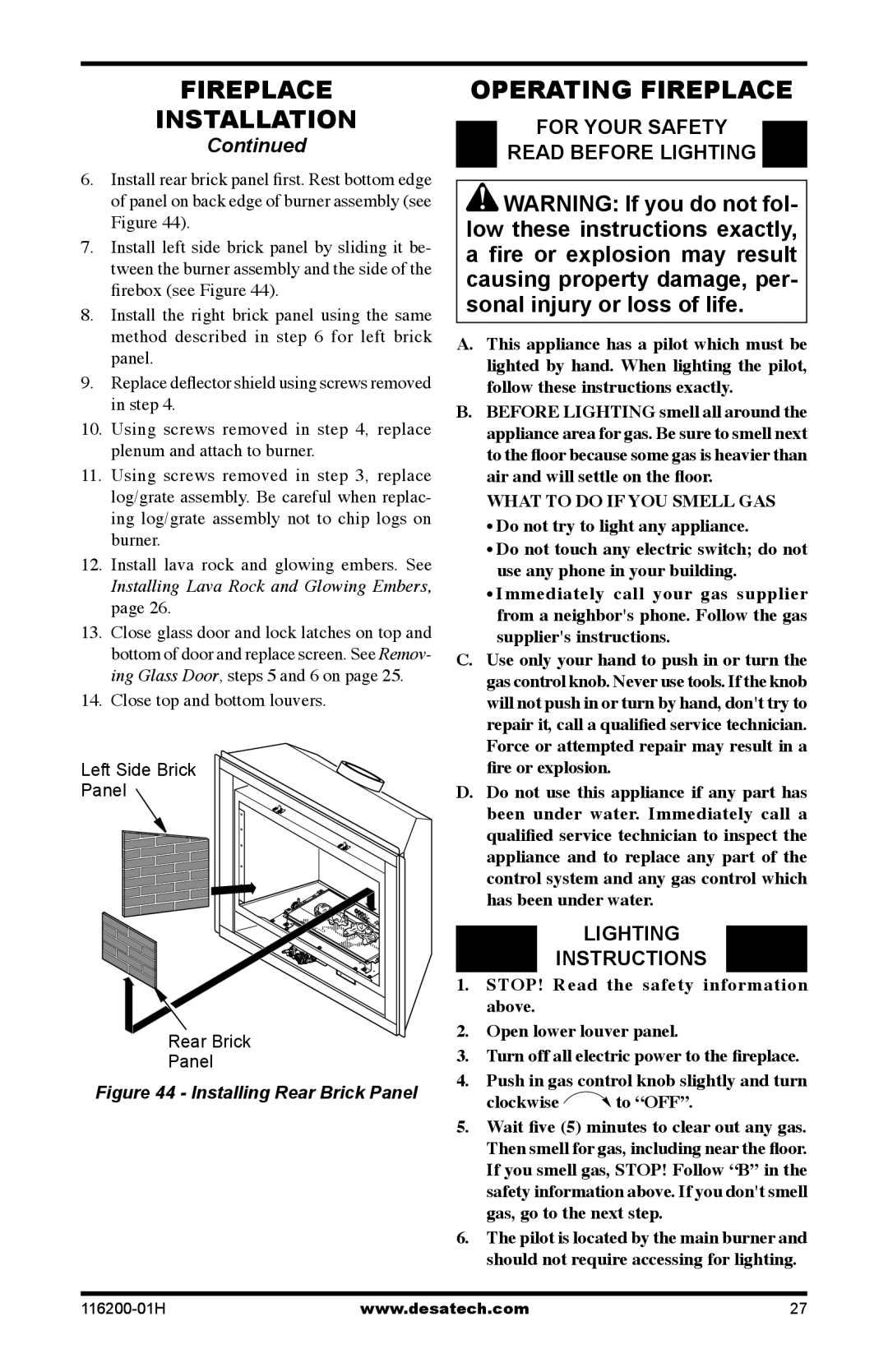 Desa VC36N, C GCDV36NR, VC36P, C GCDV36PR Operating Fireplace, For your safety Read before lighting, Lighting Instructions 