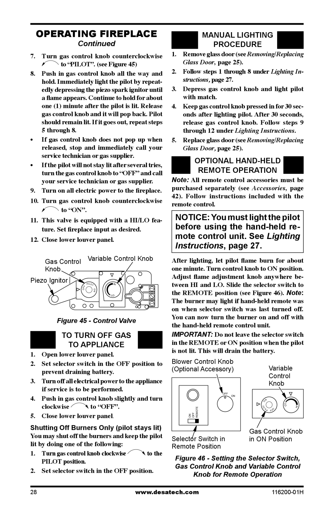 Desa (V)VC36P Series To Turn OFF GAS To Appliance, Manual Lighting Procedure, Optional Hand-Held, Remote Operation 