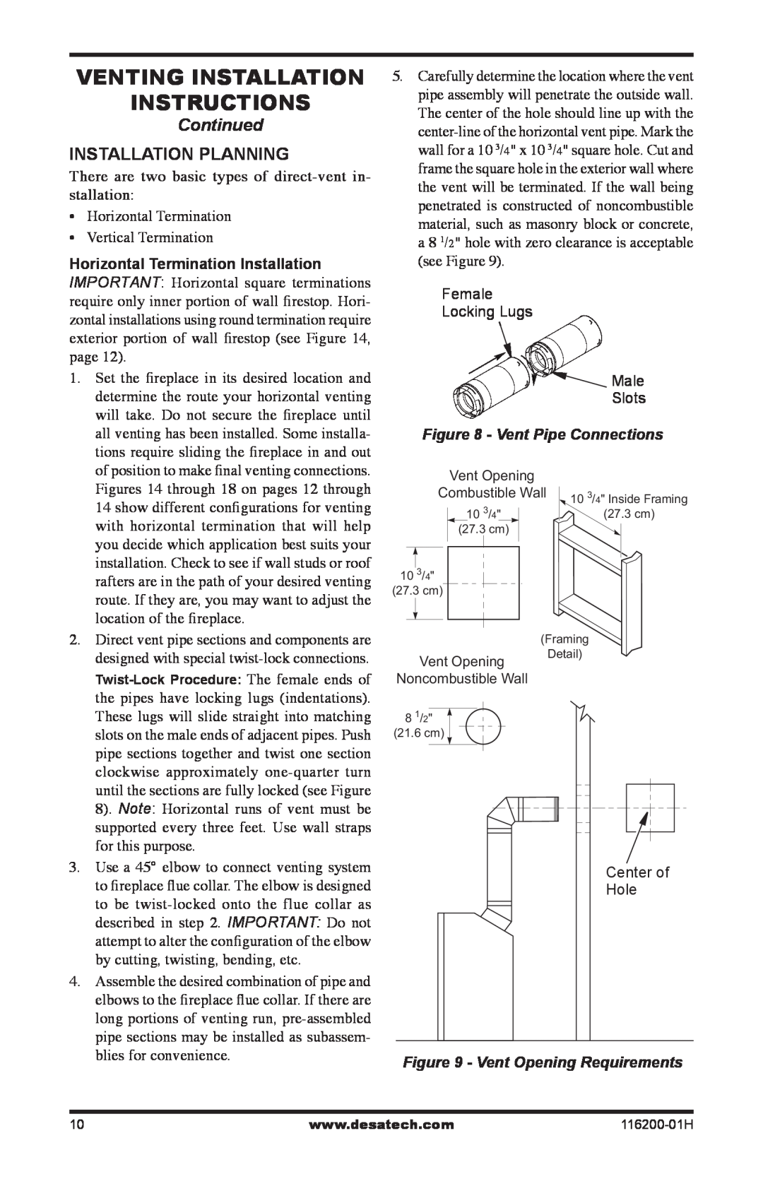 Desa (V)VC36P Series Venting Installation instructions, Continued, Installation Planning, Vent Pipe Connections 