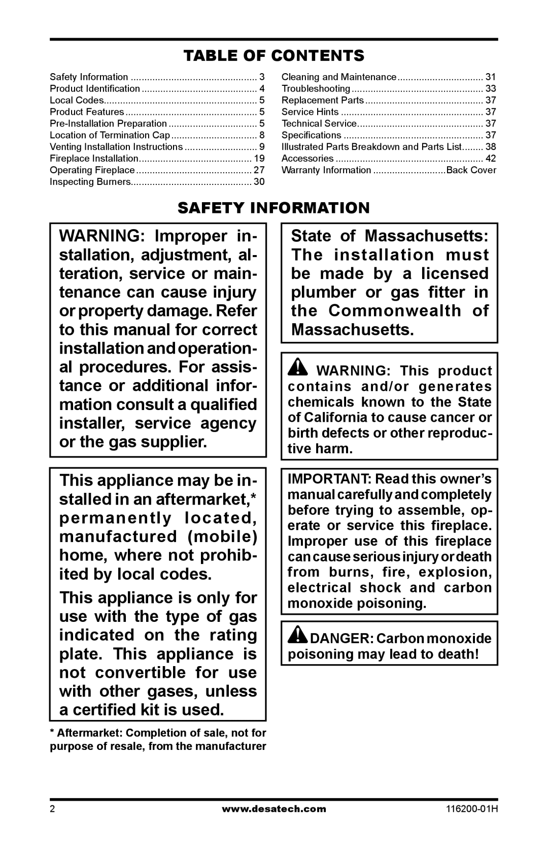 Desa (V)VC36P Series, VC36N, C GCDV36NR, VC36P, C GCDV36PR installation manual Table of Contents, Safety Information 