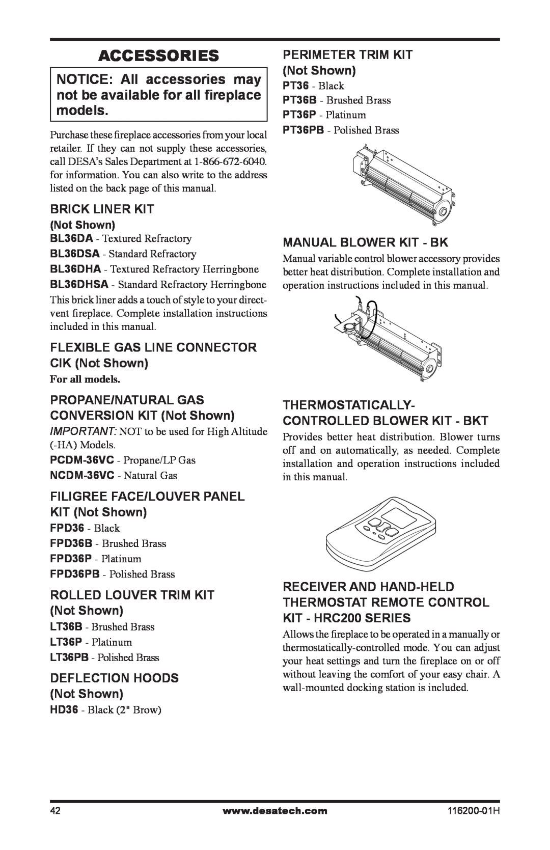 Desa (V)VC36P Series Brick Liner kit, Flexible gas Line connector CIK Not Shown, filigree Face/Louver Panel kit Not Shown 