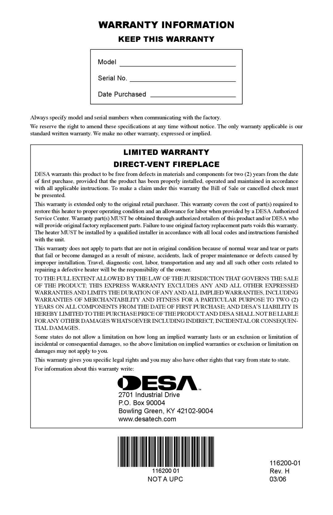 Desa (V)VC36P Series installation manual Warranty Information, Keep This Warranty, Limited Warranty Direct-Ventfireplace 
