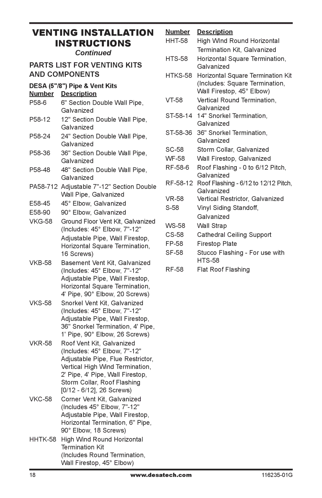 Desa V)VC36NE SERIES Parts list for venting kits and components, Desa 5/8 Pipe & Vent Kits Number Description 