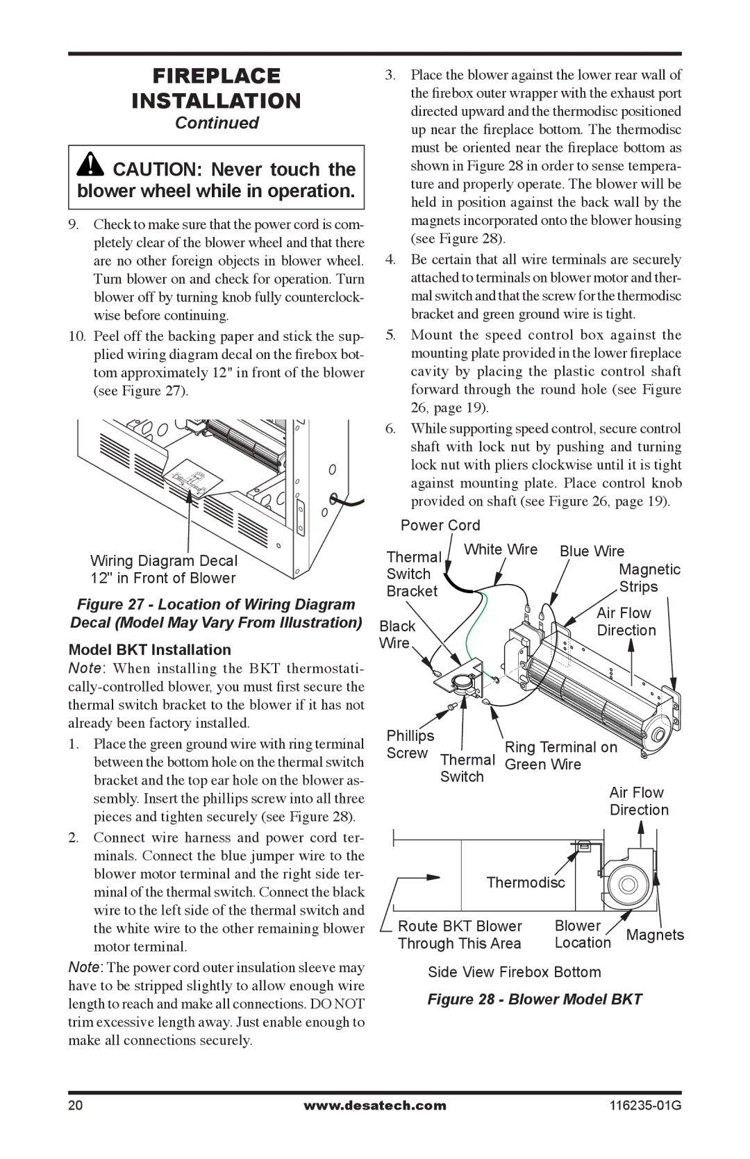 Desa (V)VC36PE SERIES, (V)VC36NE SERIES installation manual Model BKT Installation, Blower Model BKT 