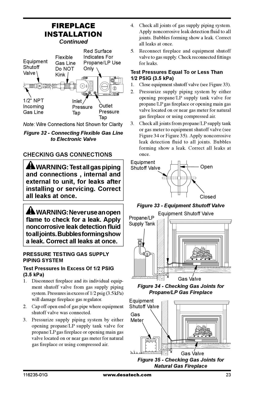 Desa (V)VC36PE SERIES, (V)VC36NE SERIES Checking GAS Connections, Test Pressures Equal To or Less Than Psig 3.5 kPa 