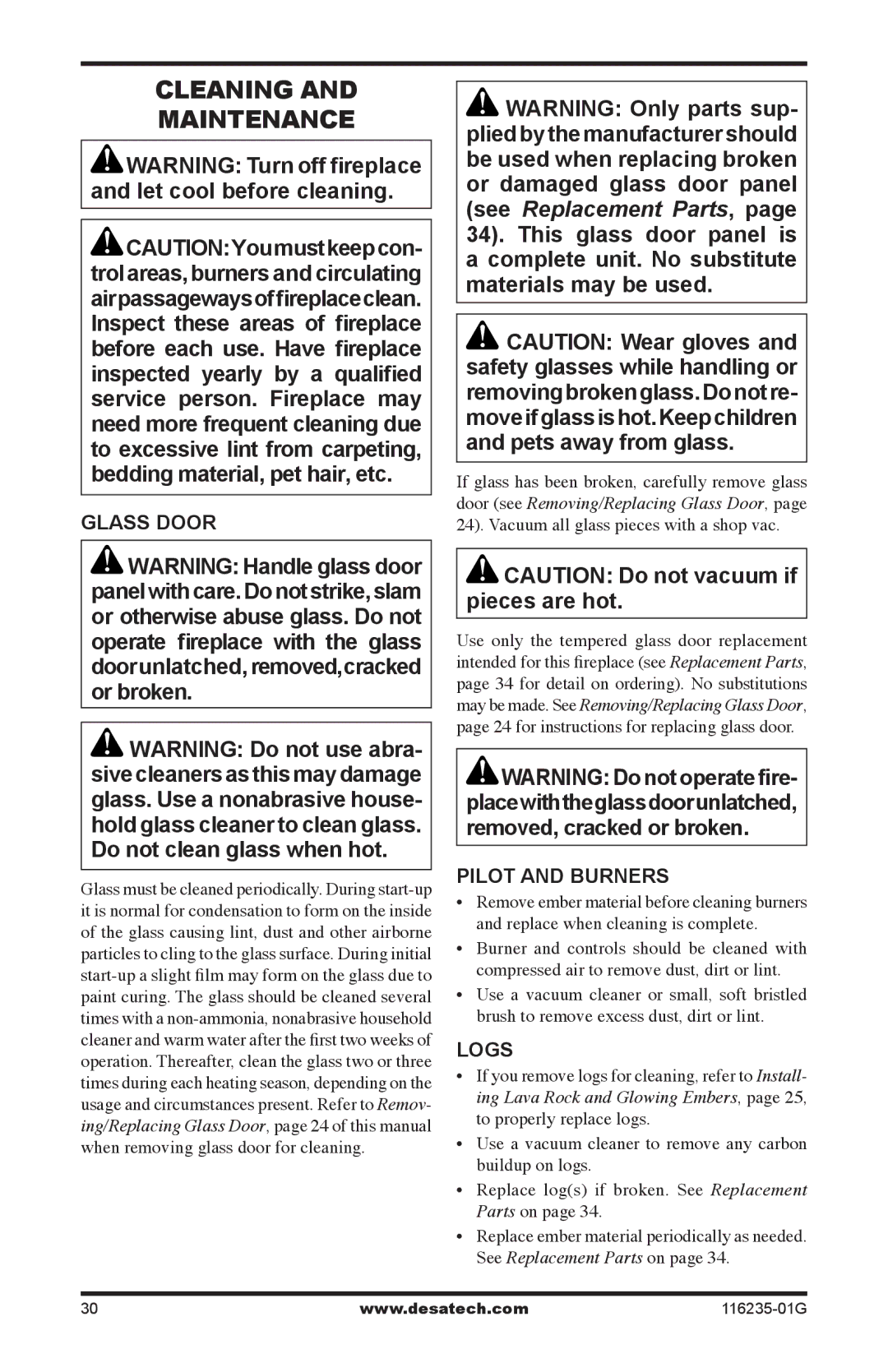 Desa (V)VC36PE SERIES, (V)VC36NE SERIES installation manual Cleaning Maintenance, Glass Door, Pilot and burners, Logs 