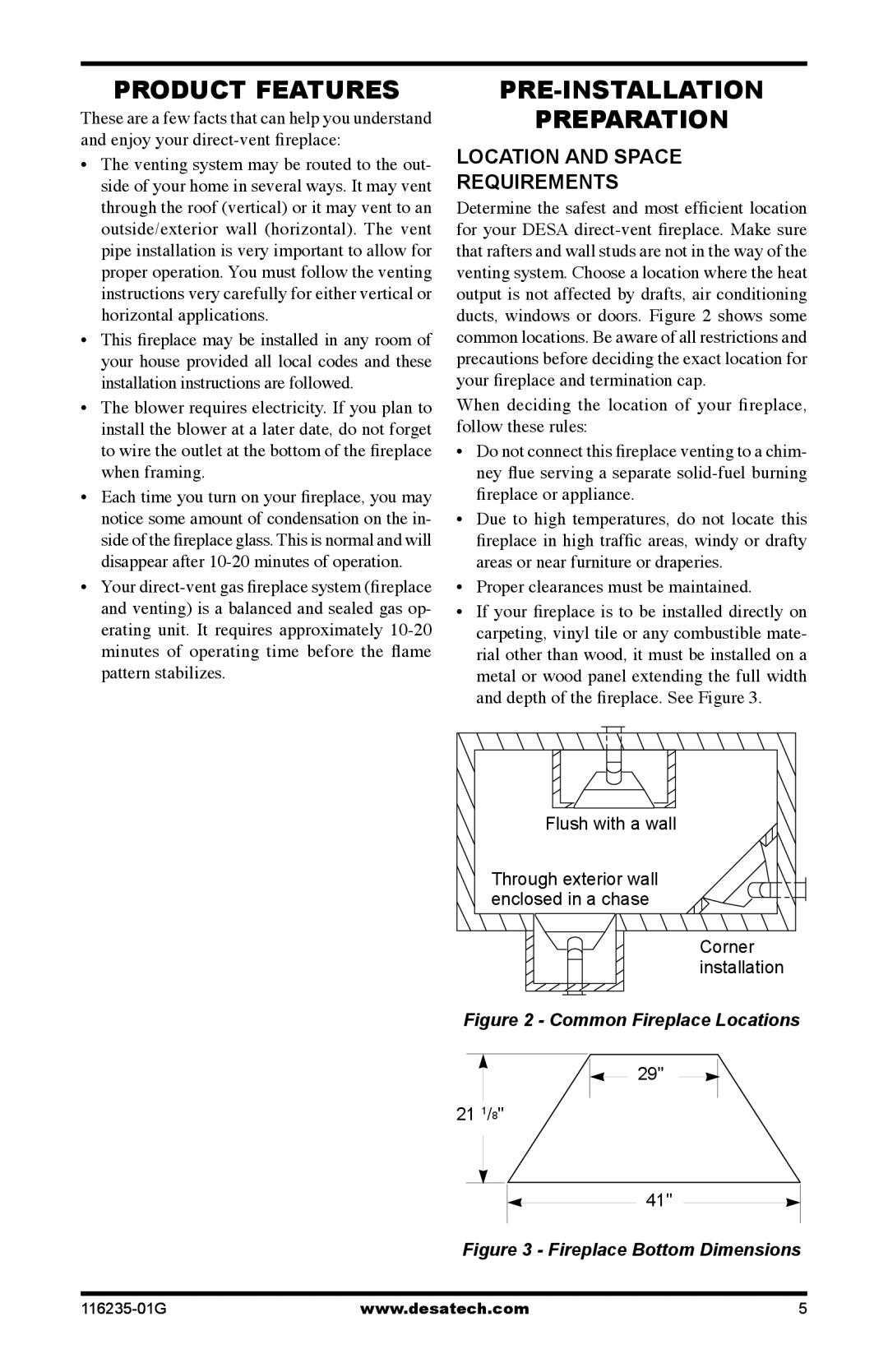 Desa (V)VC36PE SERIES, (V)VC36NE SERIES Product Features, Pre-Installation Preparation, Location and space requirements 