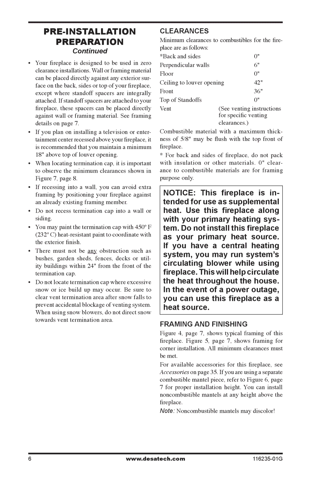 Desa (V)VC36PE SERIES, (V)VC36NE SERIES installation manual Clearances, Framing and finishing, For specific venting 