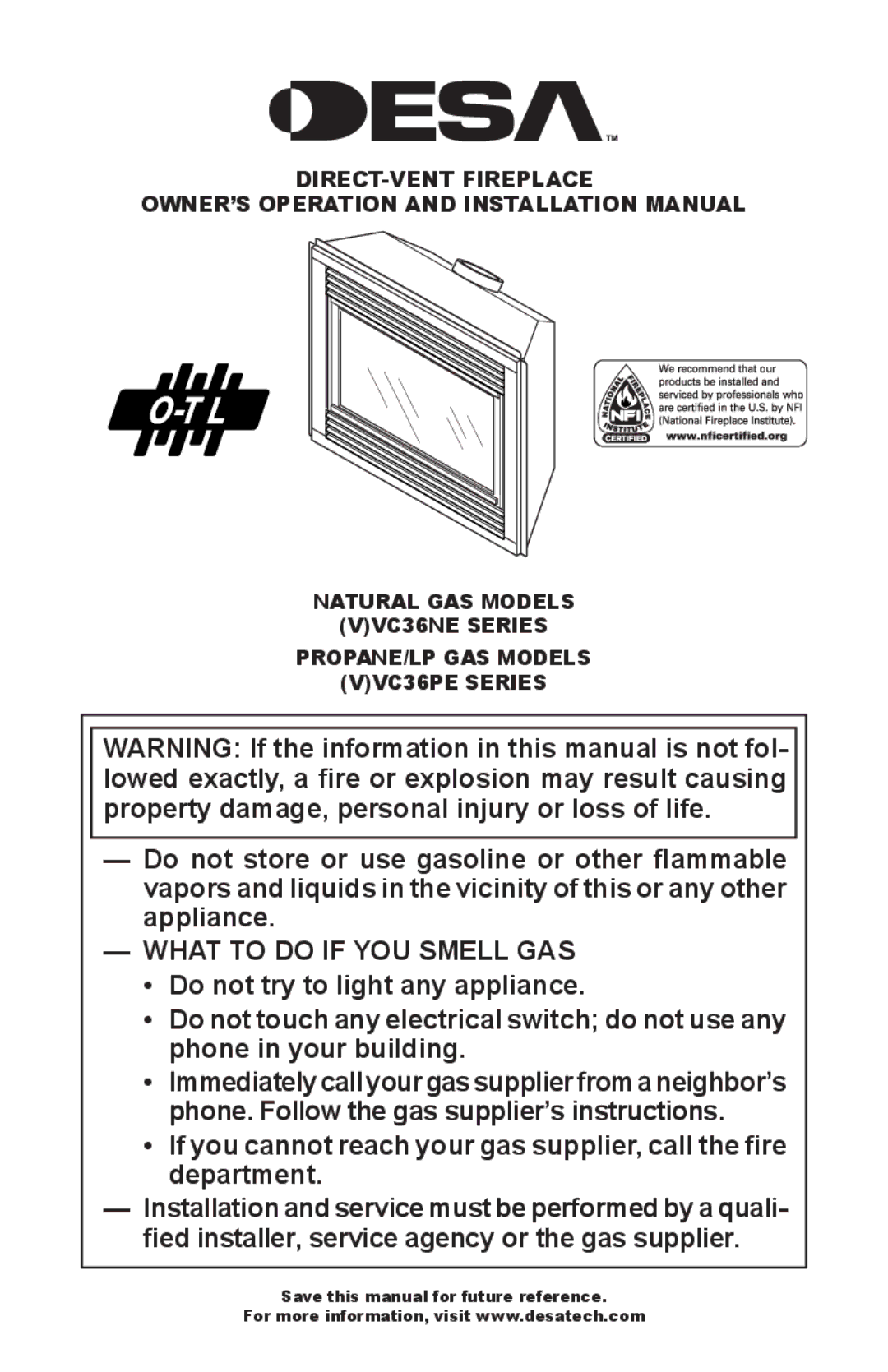 Desa (V)VC36PE Series installation manual What to do if YOU Smell GAS 