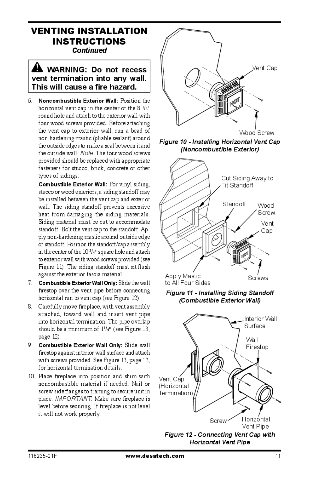 Desa (V)VC36PE Series installation manual Installing Horizontal Vent Cap Noncombustible Exterior 