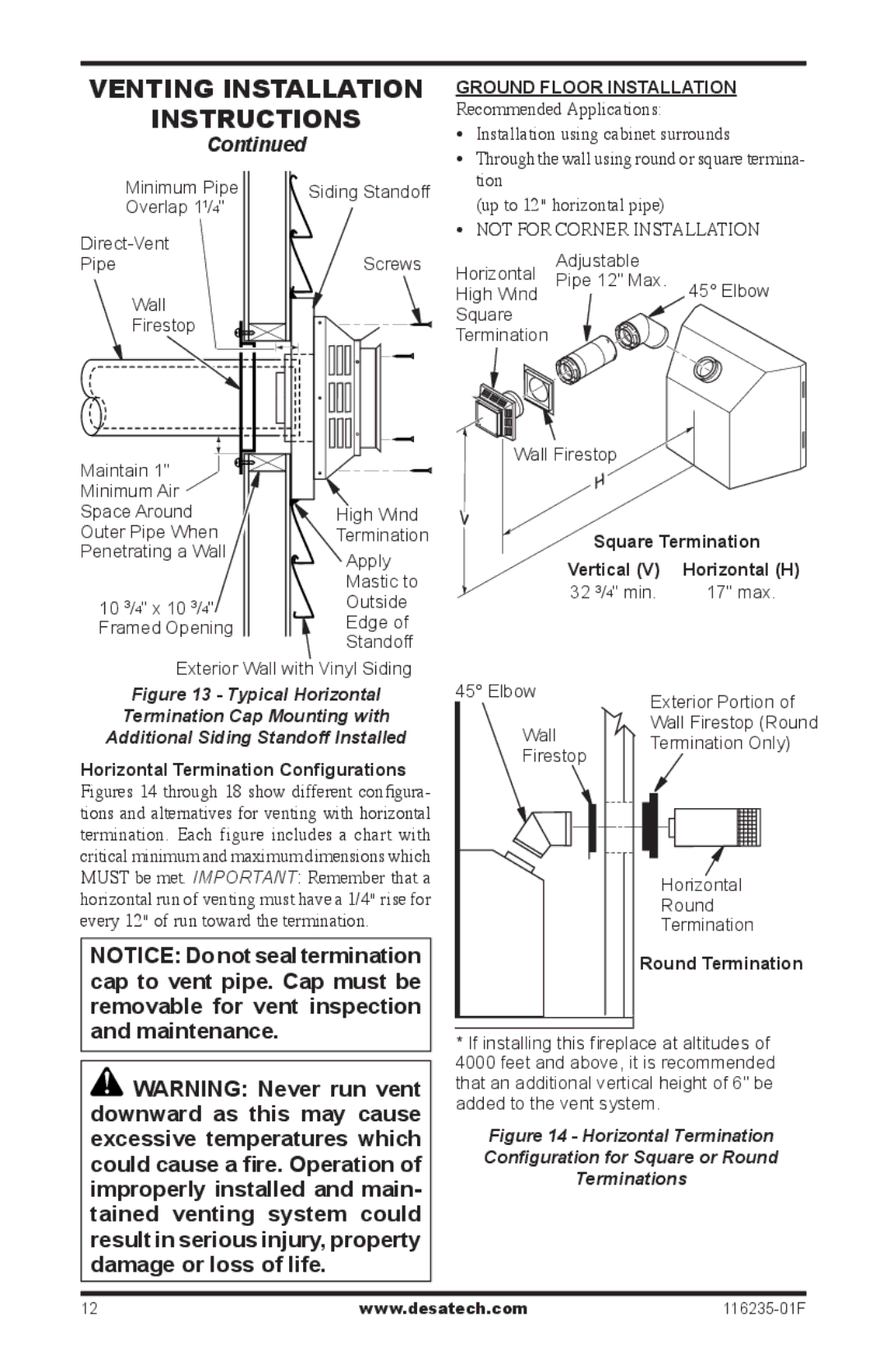 Desa (V)VC36PE Series installation manual Square Termination, Round Termination 