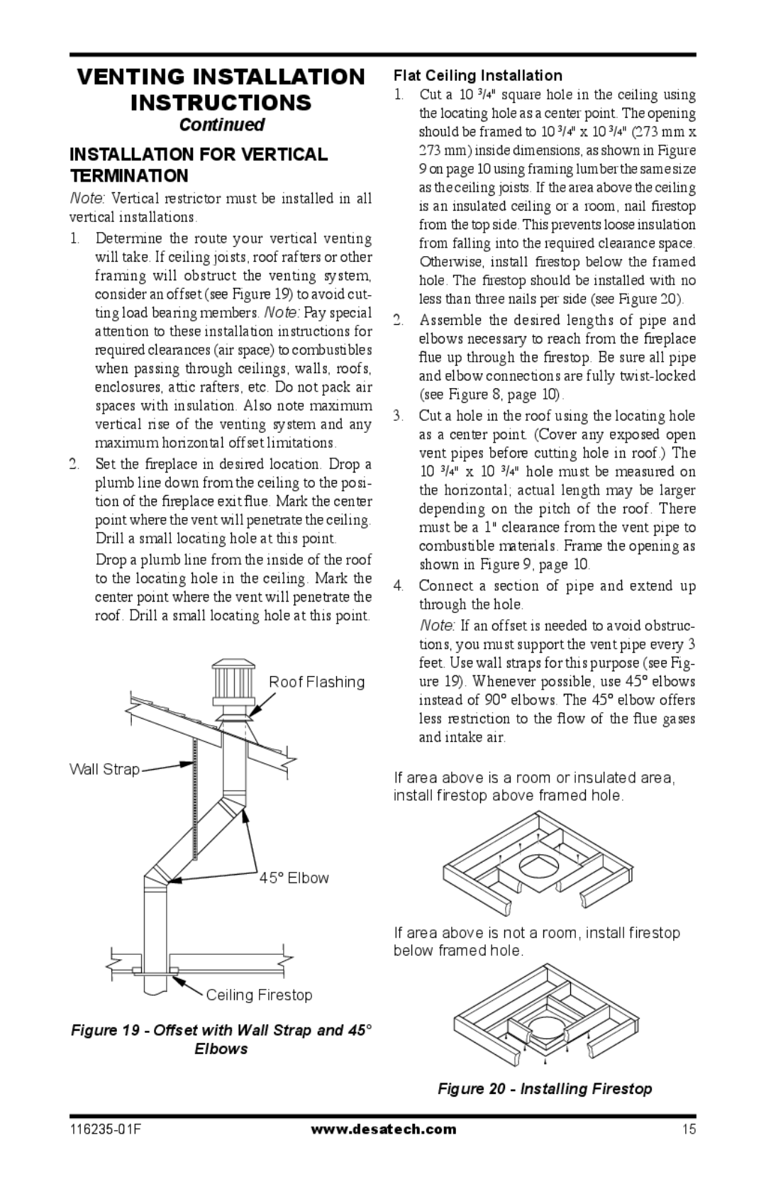 Desa (V)VC36PE Series installation manual Installation for vertical termination, Flat Ceiling Installation 