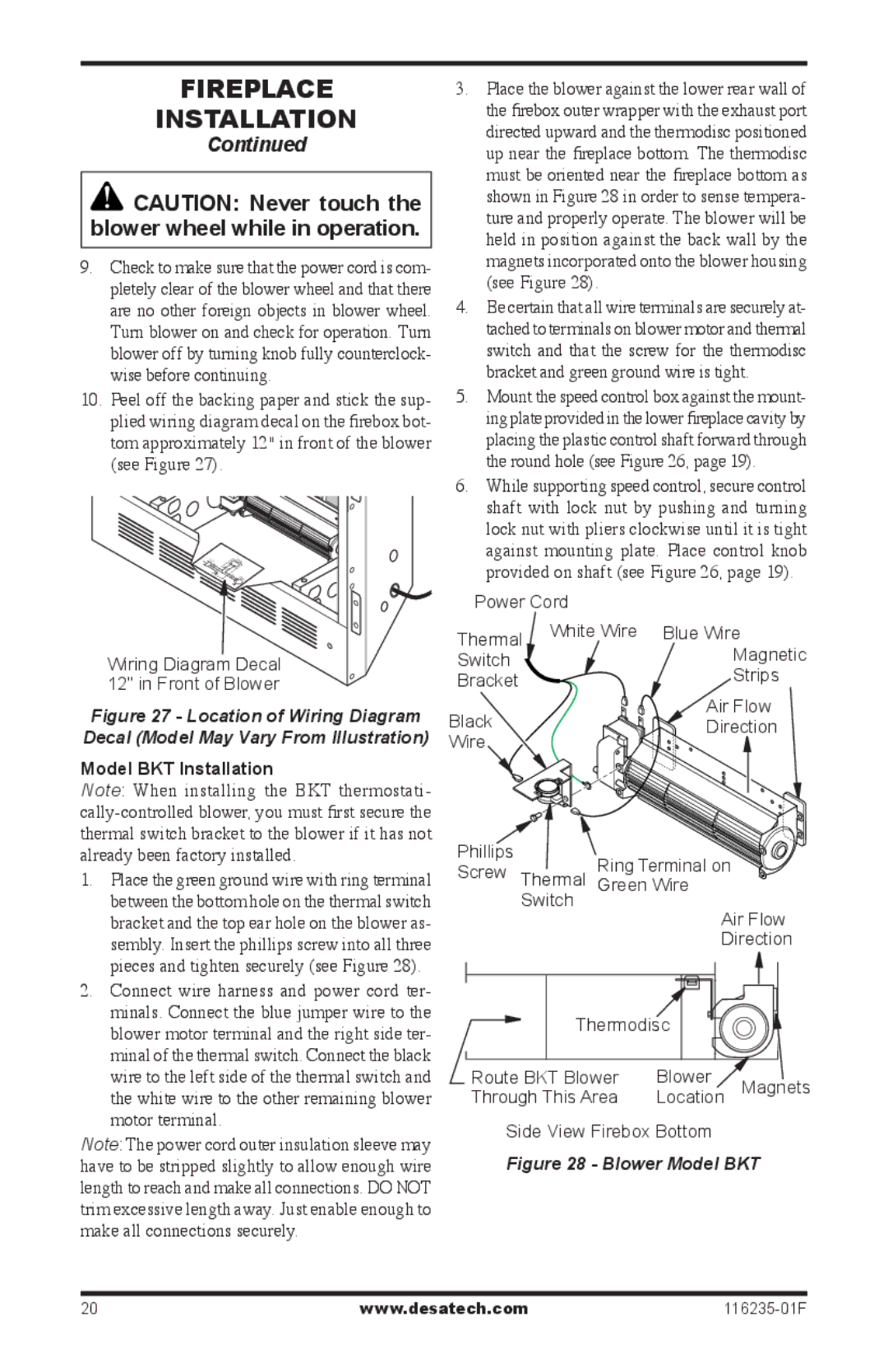 Desa (V)VC36PE Series installation manual Model BKT Installation, Blower Model BKT 