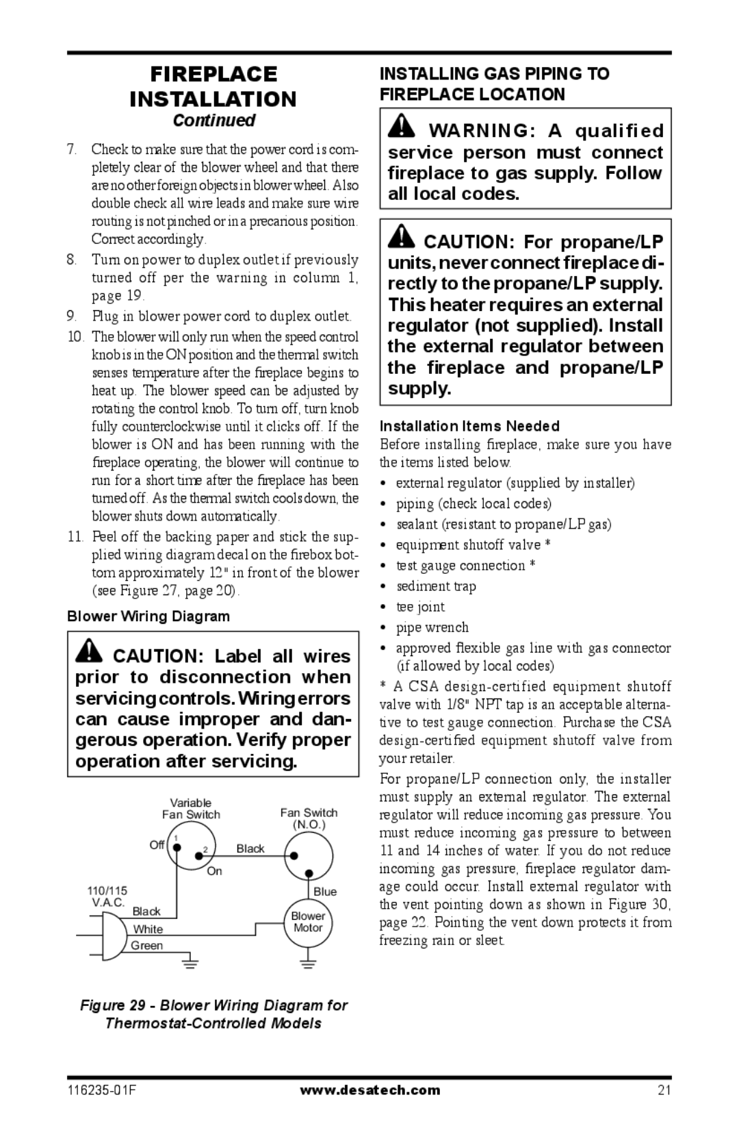 Desa (V)VC36PE Series Installing Gas Piping to Fireplace Location, Blower Wiring Diagram, Installation Items Needed 