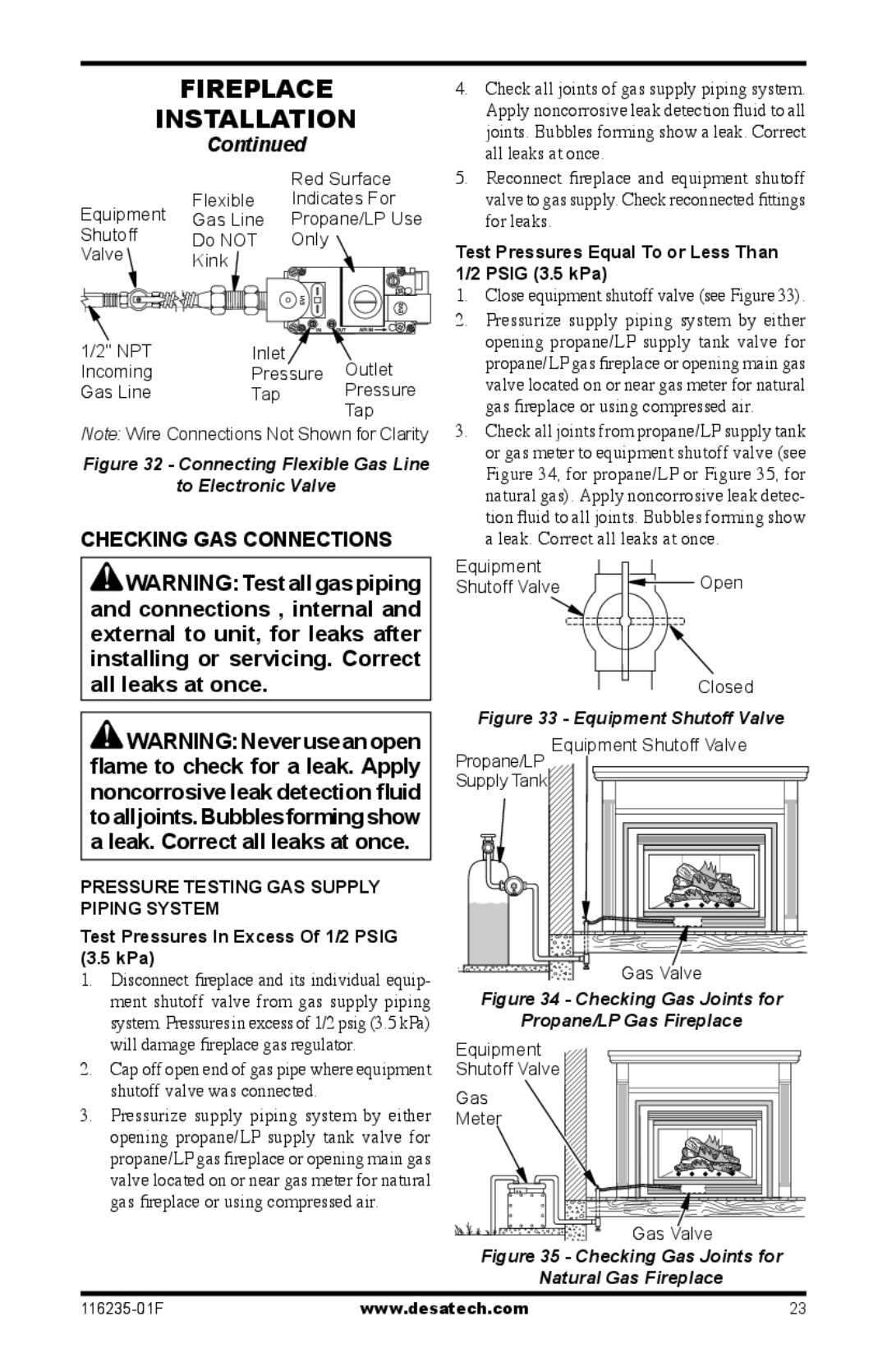 Desa (V)VC36PE Series installation manual Checking GAS Connections, Test Pressures Equal To or Less Than Psig 3.5 kPa 