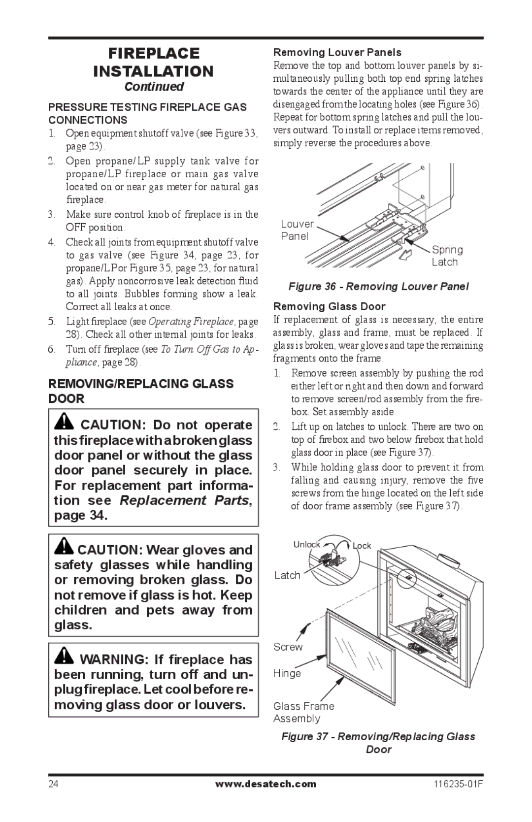 Desa (V)VC36PE Series Removing/Replacing Glass Door, Pressure Testing Fireplace Gas Connections, Removing Louver Panels 