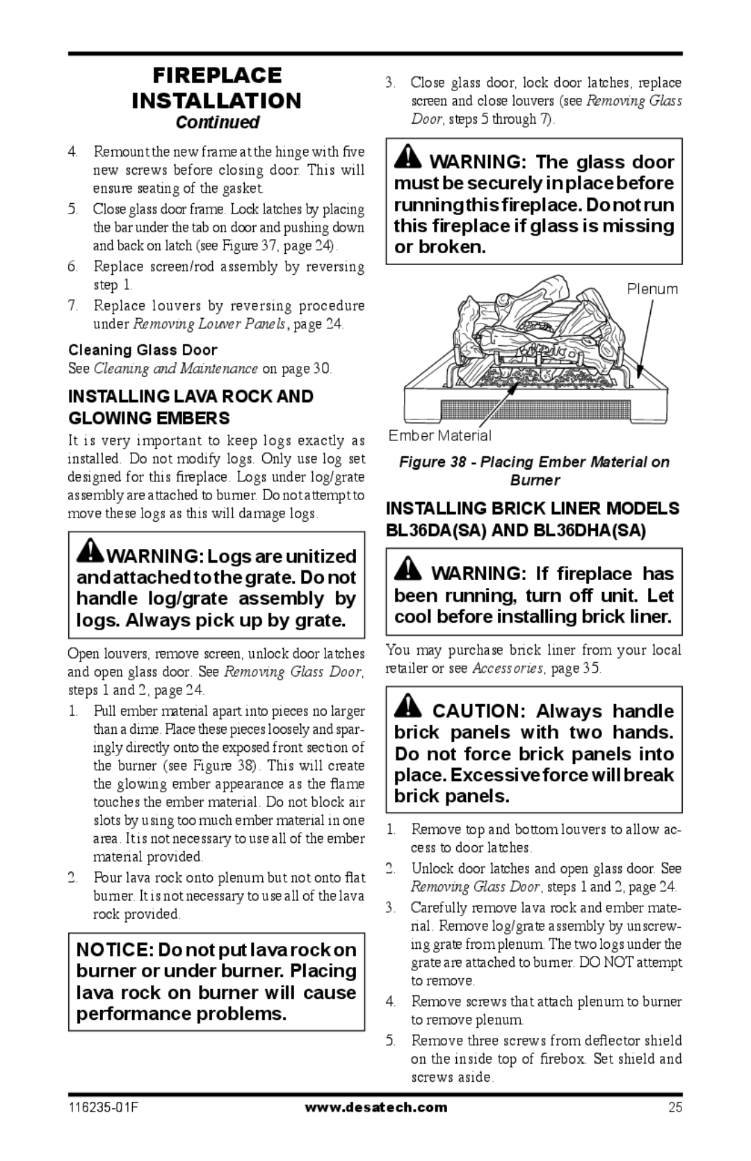 Desa (V)VC36PE Series Installing lava rock and glowing embers, Installing Brick liner Models BL36DASA and BL36DHASA 