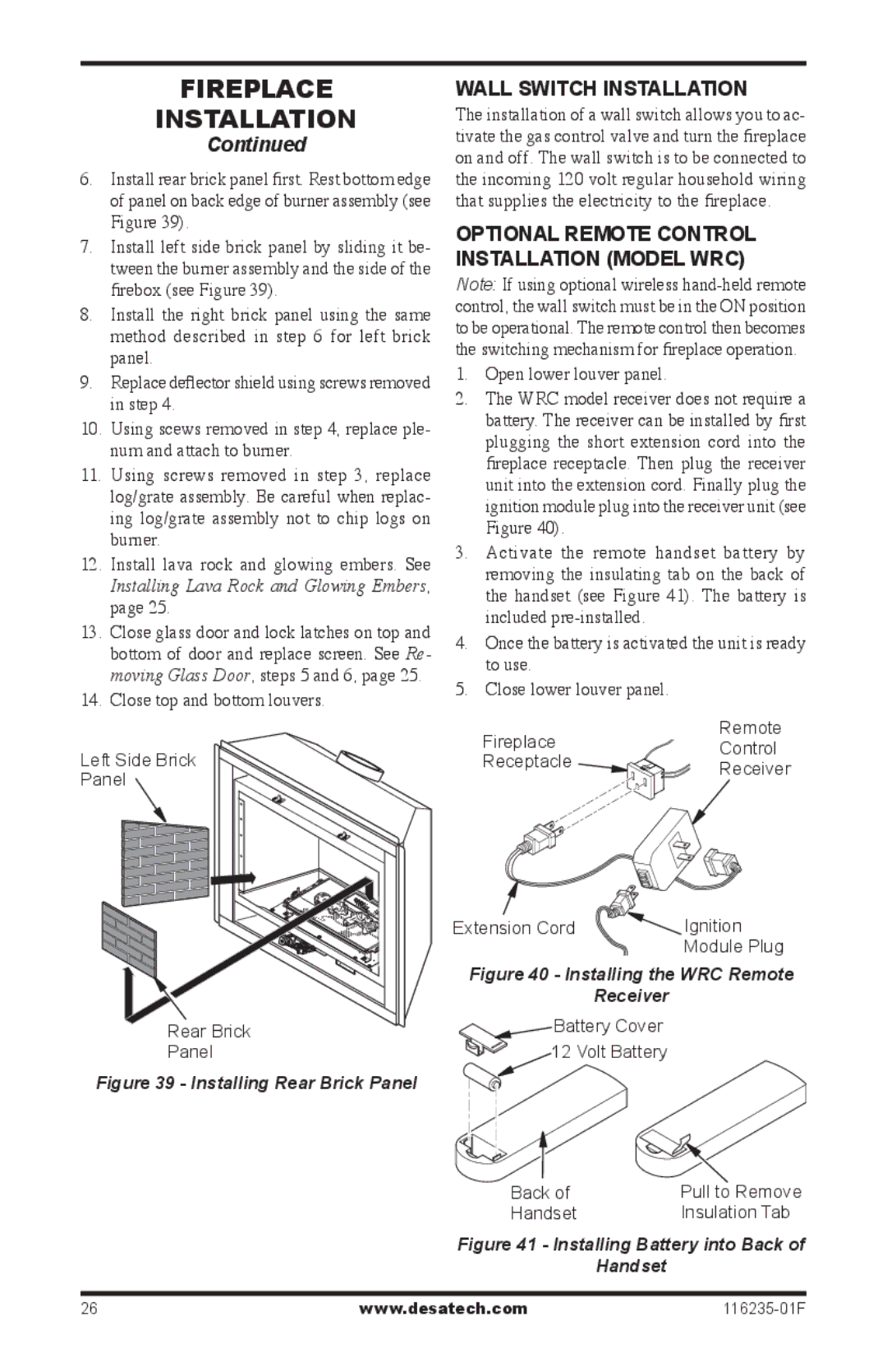 Desa (V)VC36PE Series installation manual Wall Switch Installation, Optional Remote control Installation model WRC 