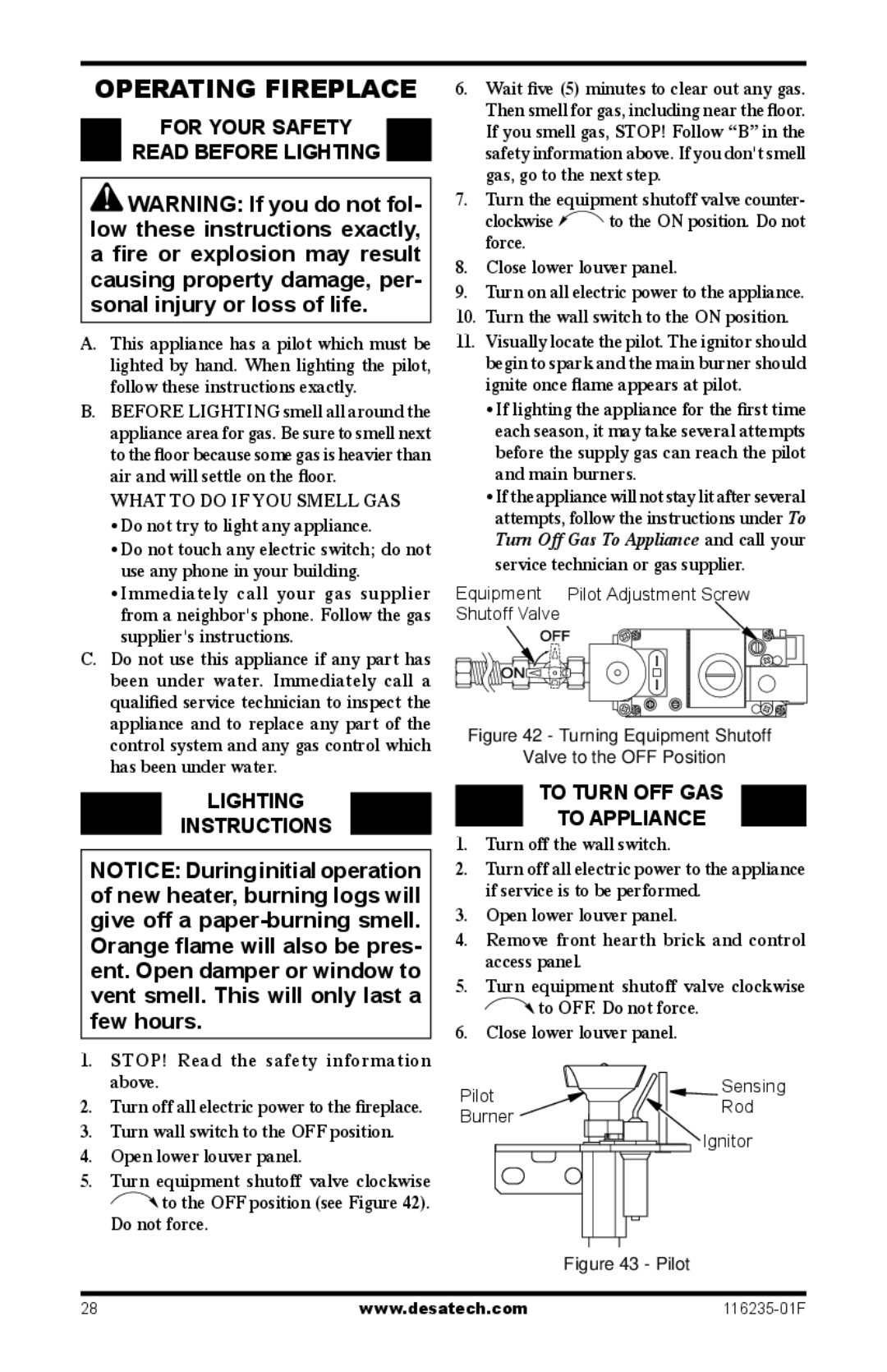 Desa (V)VC36PE Series installation manual Operating Fireplace, For your safety Read before lighting, Lighting Instructions 