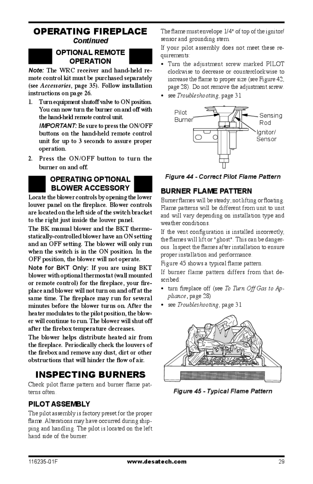 Desa (V)VC36PE Series Inspecting Burners, Optional Remote Operation, Operating optional blower accessory, Pilot Assembly 