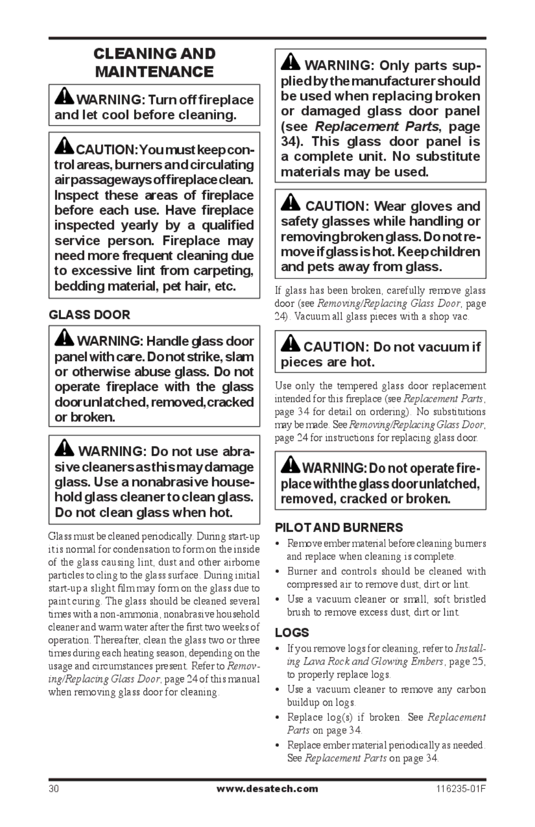 Desa (V)VC36PE Series installation manual Cleaning Maintenance, Glass Door, Pilot and burners, Logs 