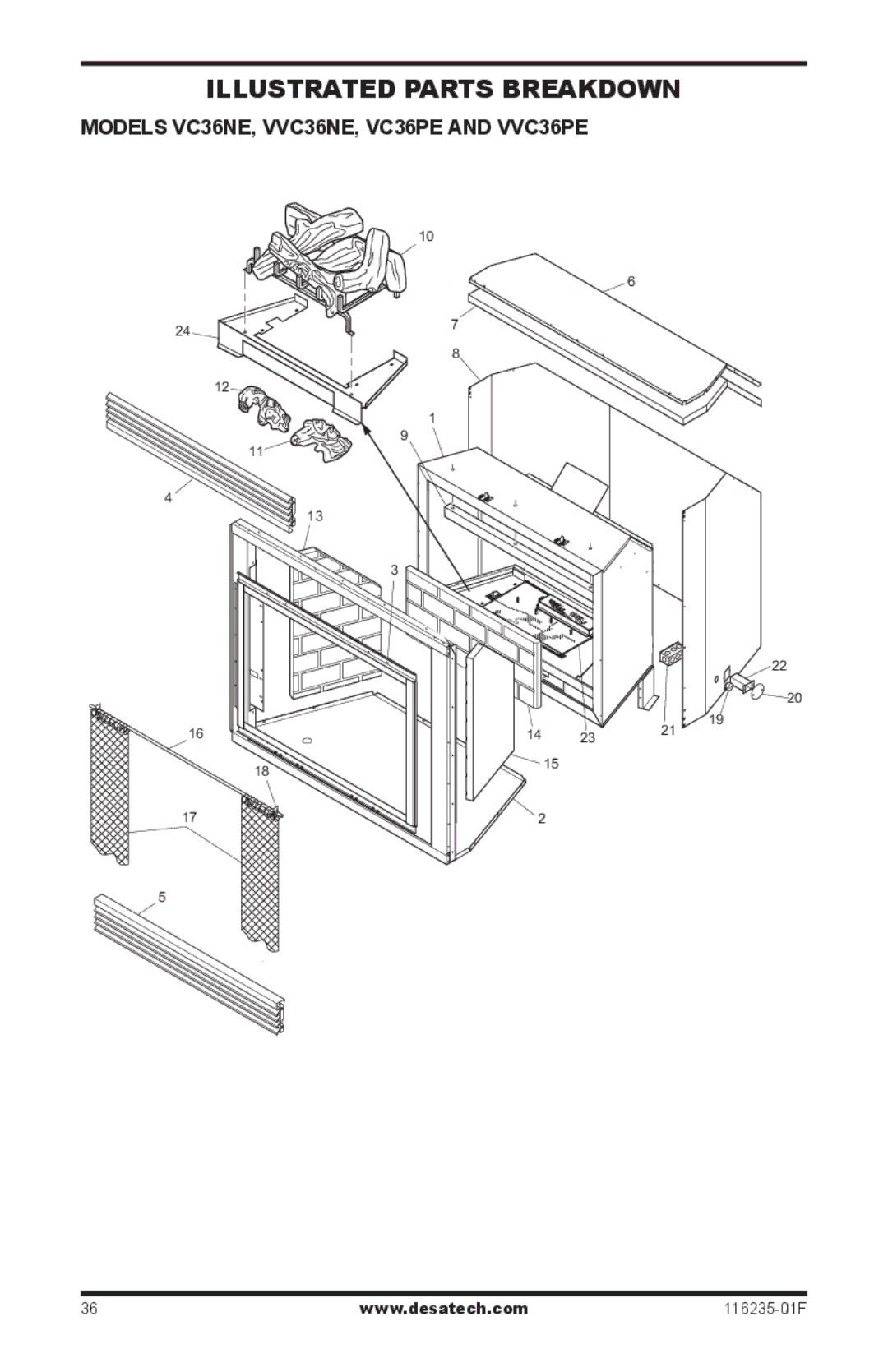 Desa (V)VC36PE Series installation manual Illustrated Parts Breakdown, Models VC36NE, VVC36NE, VC36PE and VVC36PE 