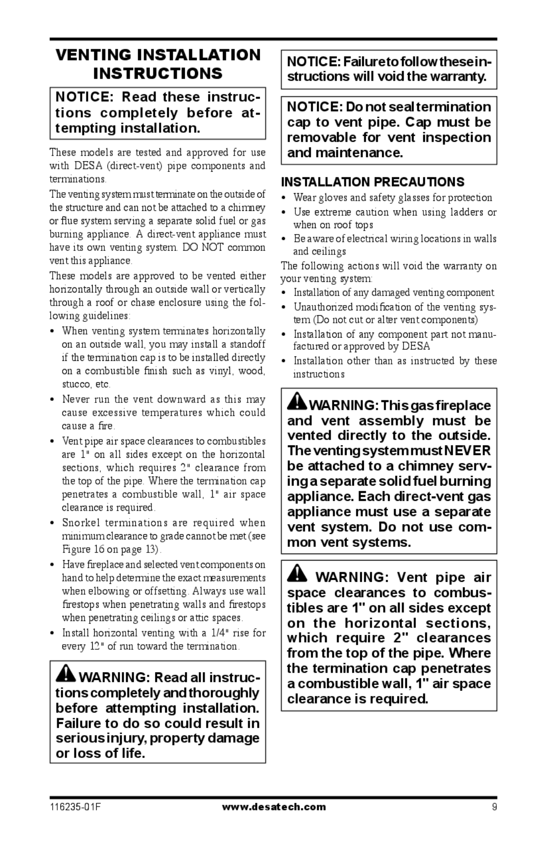 Desa (V)VC36PE Series installation manual Venting Installation Instructions, Installation Precautions 