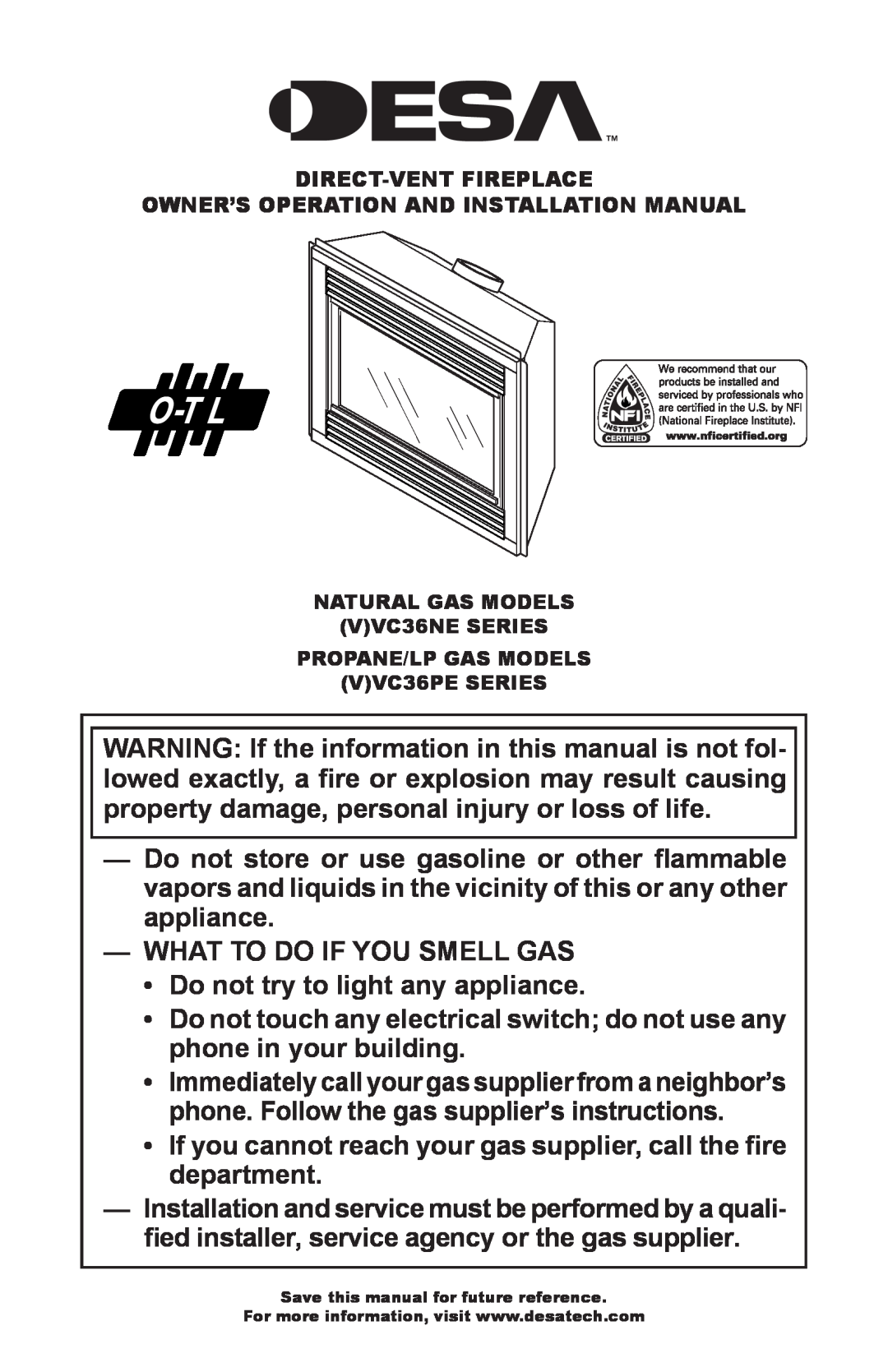 Desa (V)VC36PE Series installation manual What To Do If You Smell Gas 