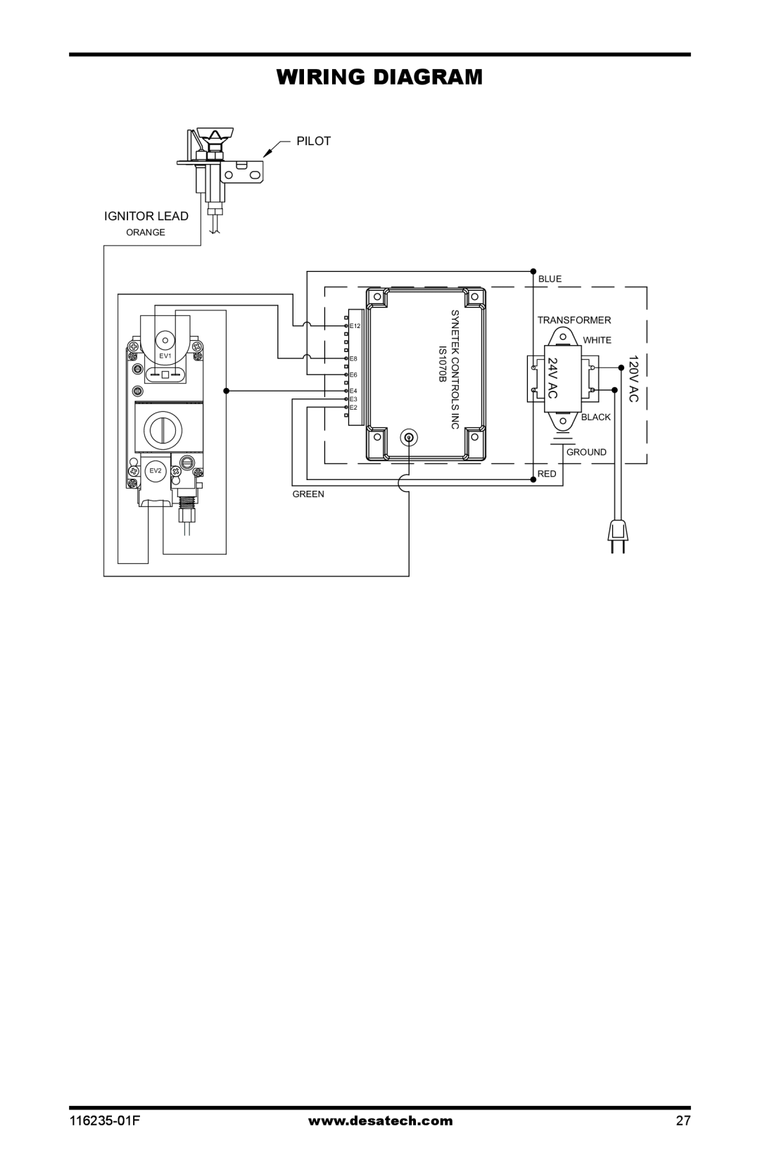 Desa (V)VC36PE Series installation manual Wiring Diagram, 116235-01F, Ignitor Lead, Pilot, 24V AC, 120V AC, IS1070B 