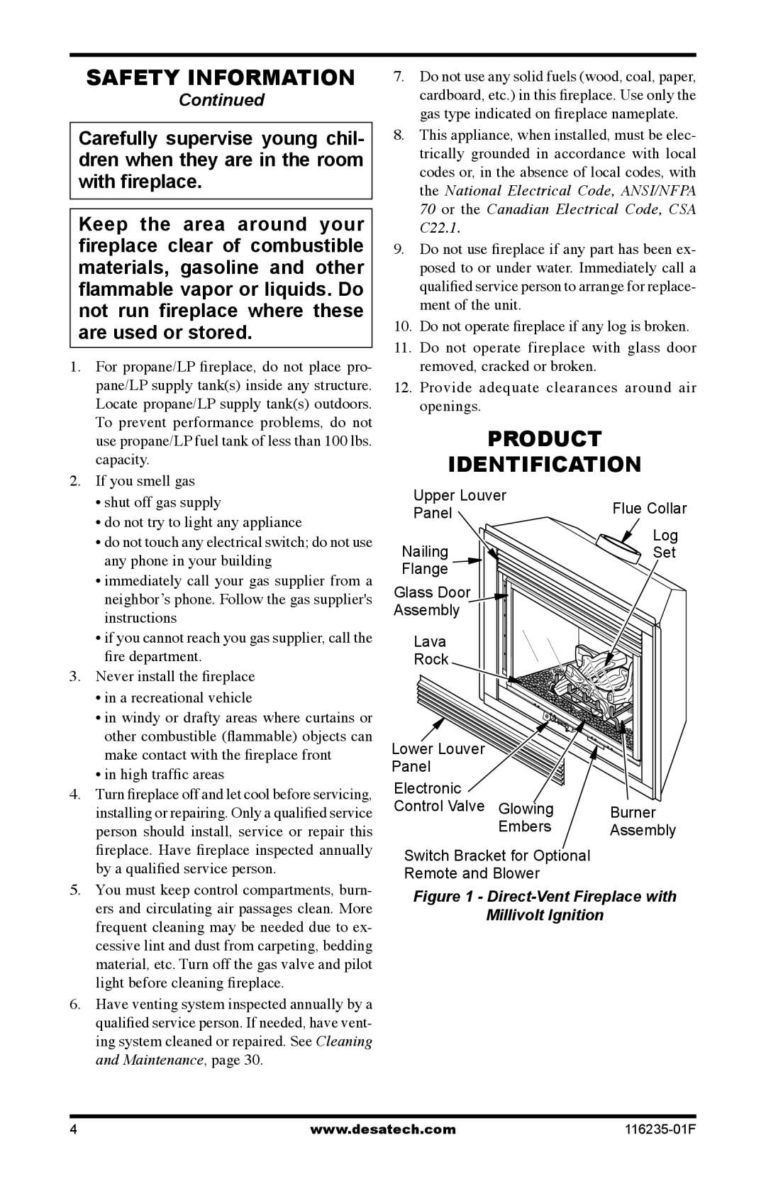 Desa (V)VC36PE Series installation manual Safety information, Product Identification, Continued 