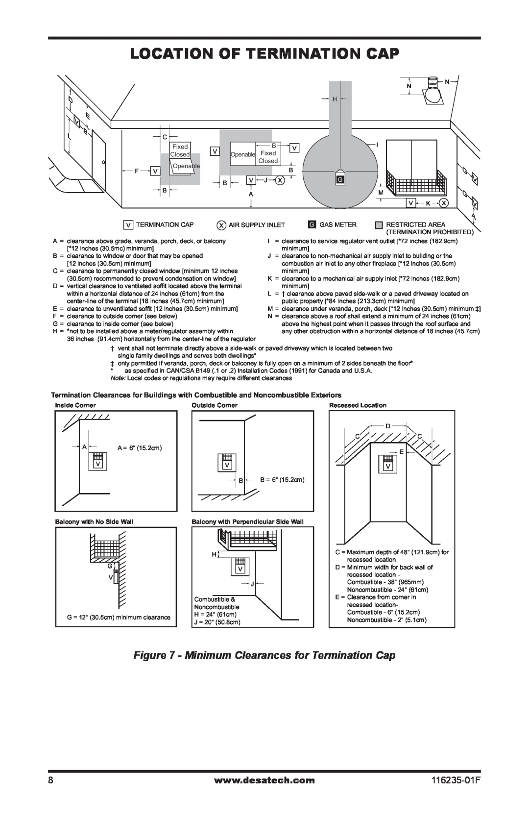 Desa (V)VC36PE Series installation manual D E B L, Minimum Clearances for Termination Cap, Inside Corner, Outside Corner 