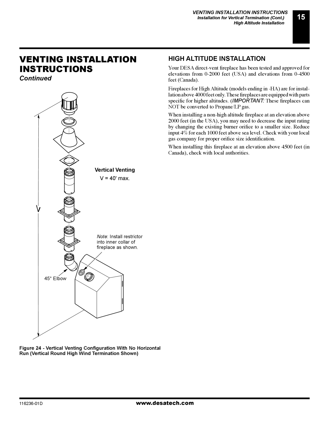 Desa (V)VC42N installation manual High Altitude Installation, Vertical Venting, = 40 max 