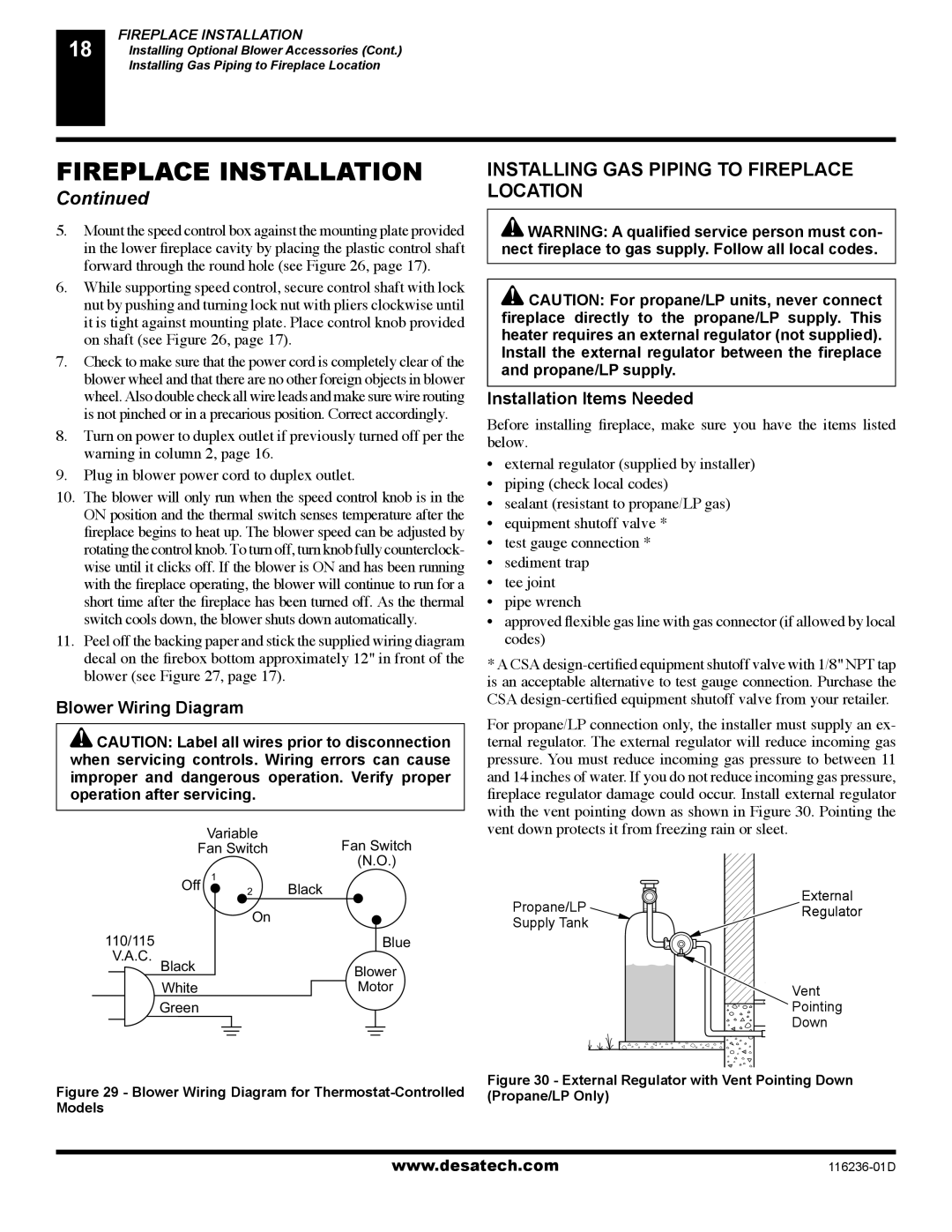 Desa (V)VC42N Installing GAS Piping to Fireplace Location, Blower Wiring Diagram, Installation Items Needed, Blower see 