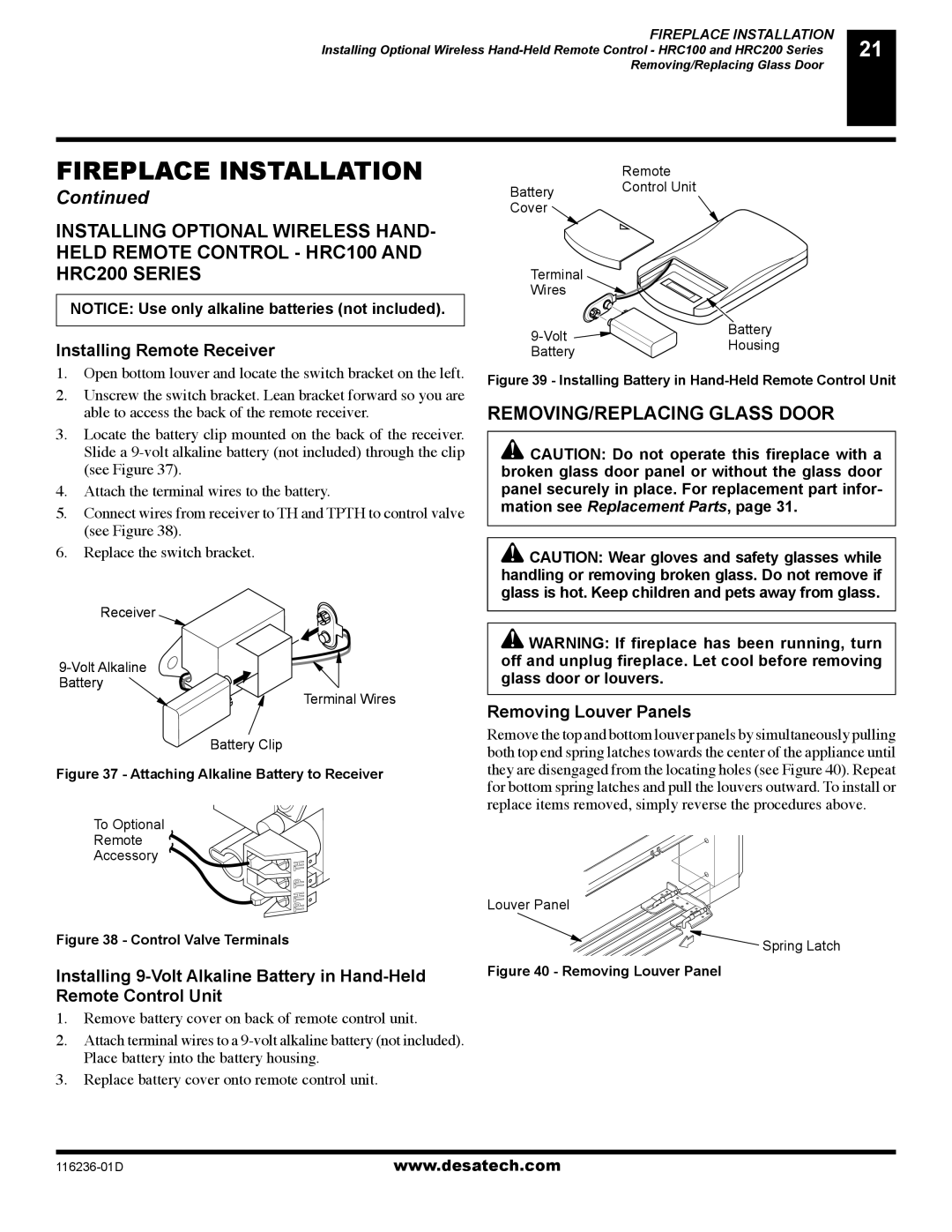 Desa (V)VC42N installation manual REMOVING/REPLACING Glass Door, Installing Remote Receiver, Removing Louver Panels 