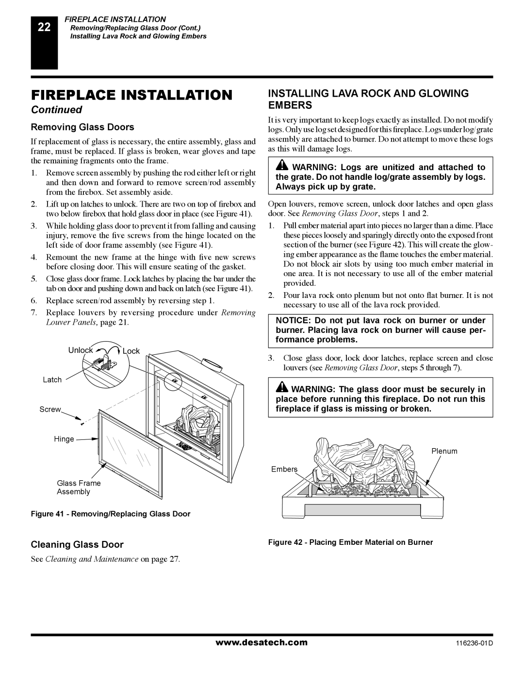 Desa (V)VC42N installation manual Installing Lava Rock and Glowing Embers, Removing Glass Doors, Cleaning Glass Door 