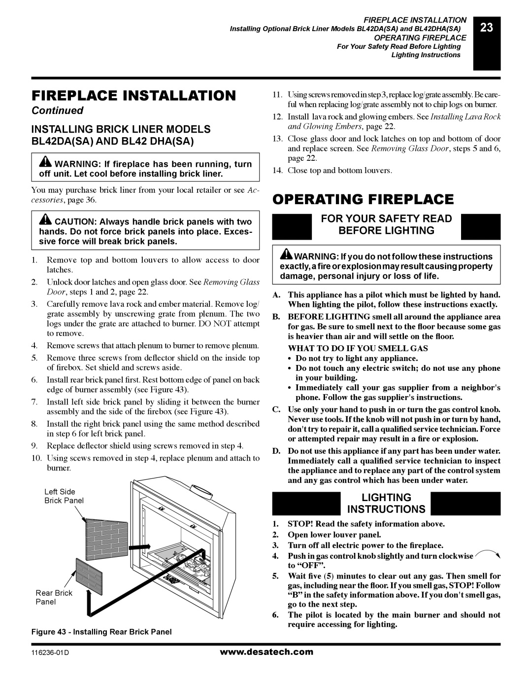 Desa (V)VC42N Operating Fireplace, Installing Brick Liner Models BL42DASA and BL42 Dhasa, Lighting Instructions 