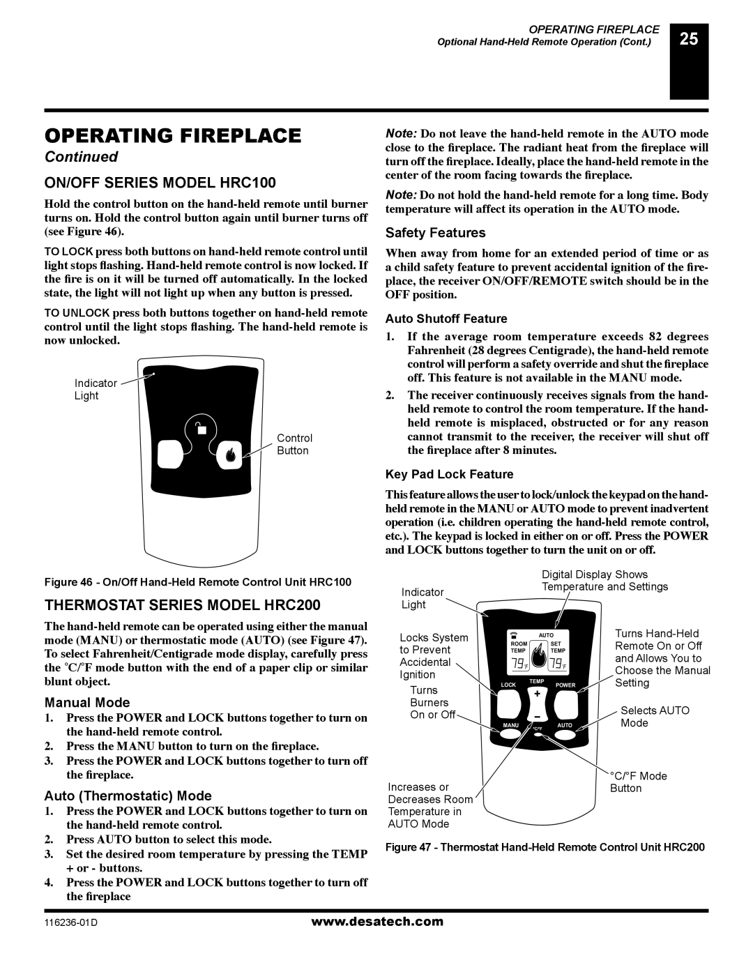 Desa (V)VC42N installation manual ON/OFF Series Model HRC100, Thermostat Series Model HRC200, Safety Features, Manual Mode 