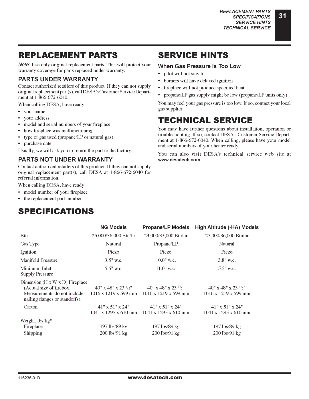 Desa (V)VC42N installation manual Replacement Parts, Specifications Service Hints, Technical Service, Parts Under Warranty 