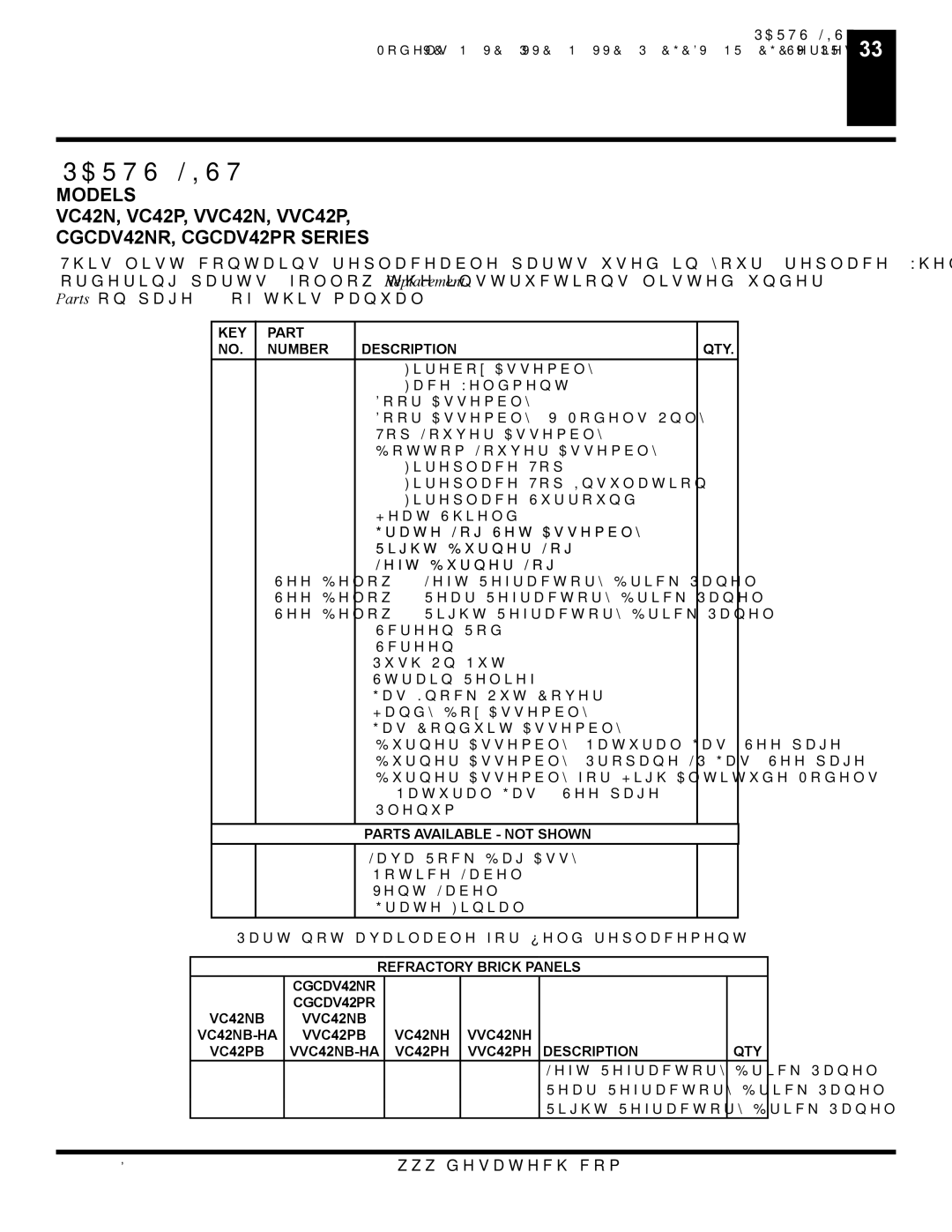 Desa (V)VC42N installation manual Parts List, Models, CGCDV42NR, CGCDV42PR Series 