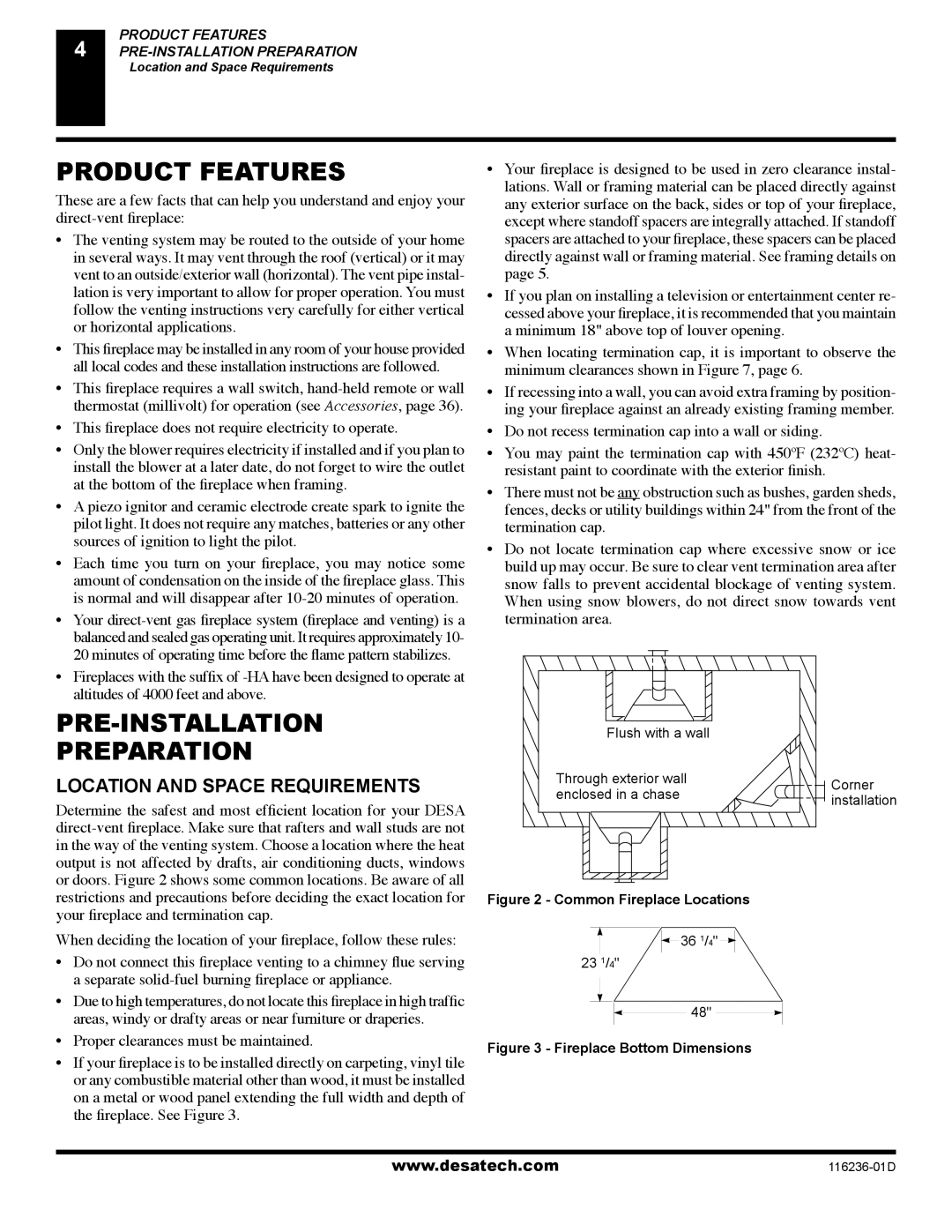 Desa (V)VC42N installation manual Product Features, PRE-INSTALLATION Preparation, Location and Space Requirements 