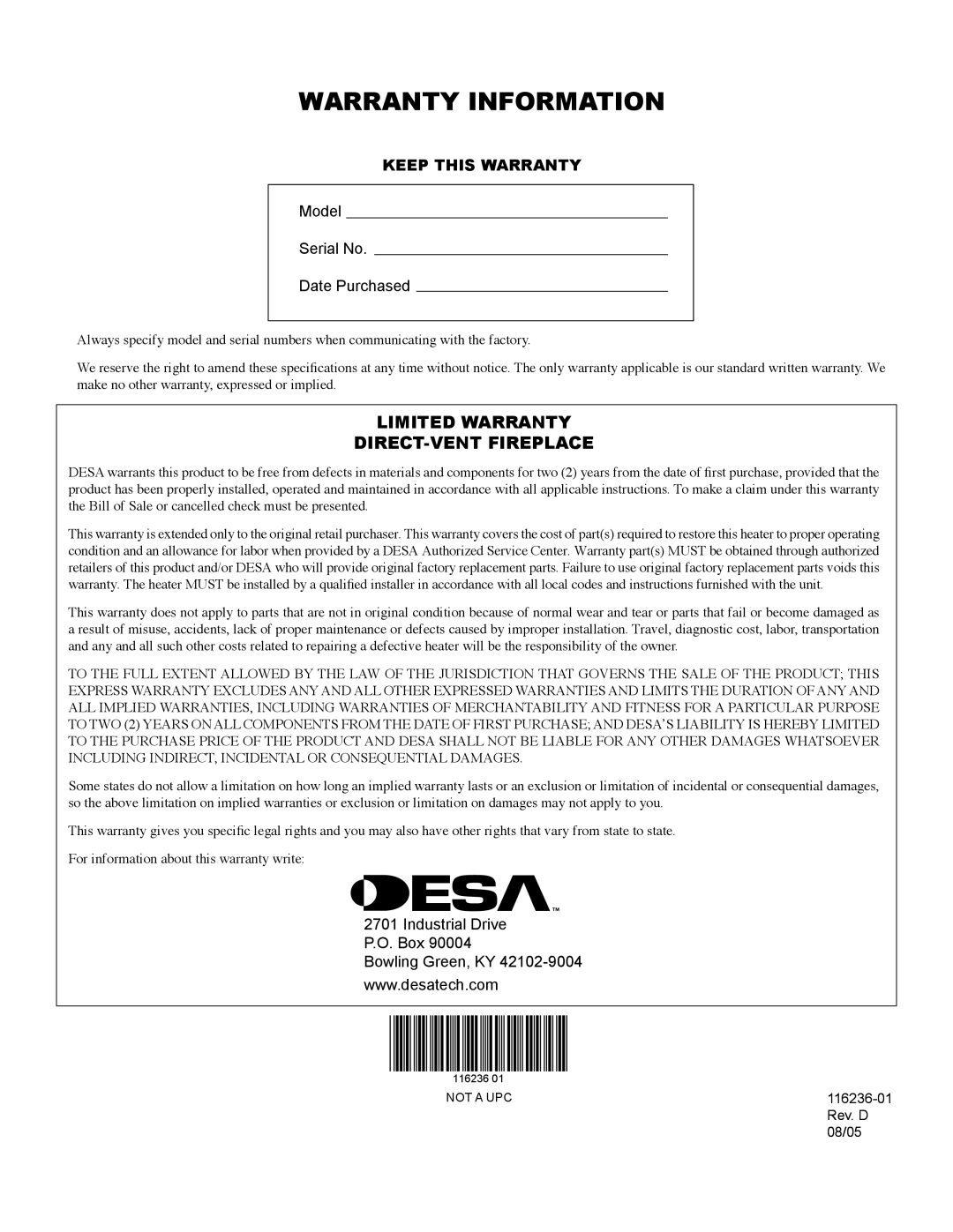 Desa (V)VC42N installation manual Warranty Information, Model Serial No Date Purchased, Industrial Drive P.O. Box 