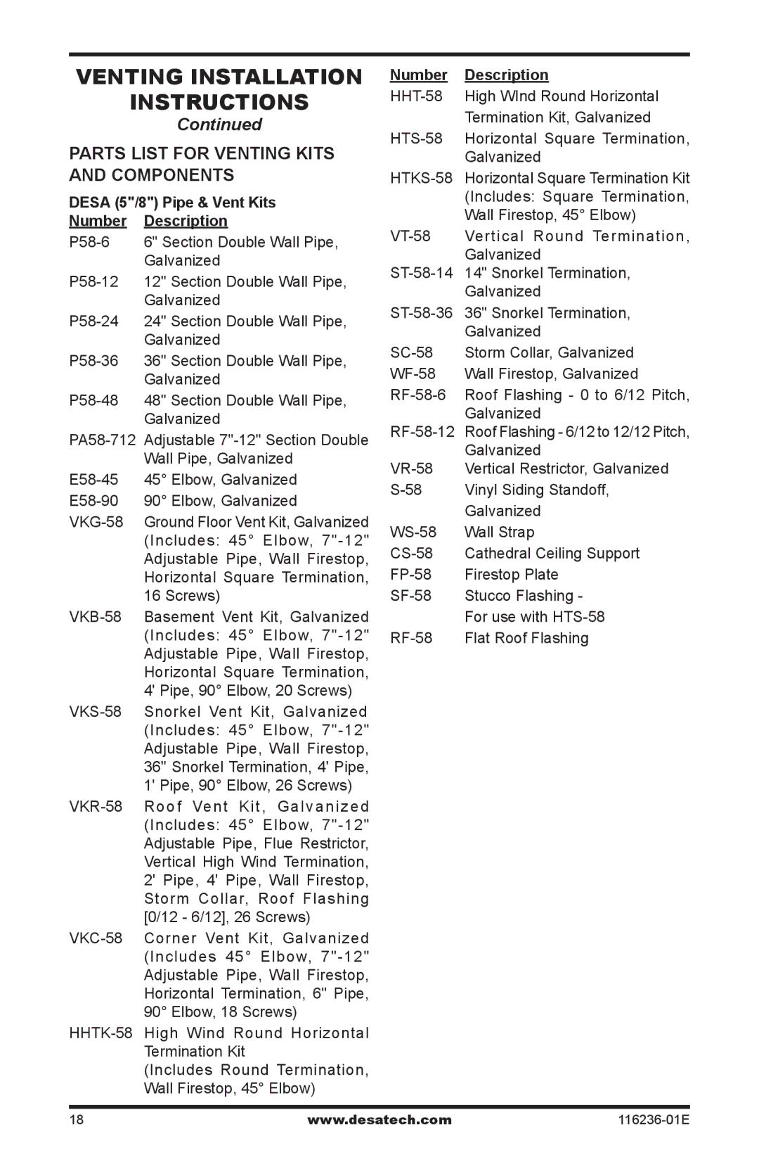 Desa (V)VC42P, CGCDV42PR Parts list for venting kits and components, Desa 5/8 Pipe & Vent Kits Number Description 