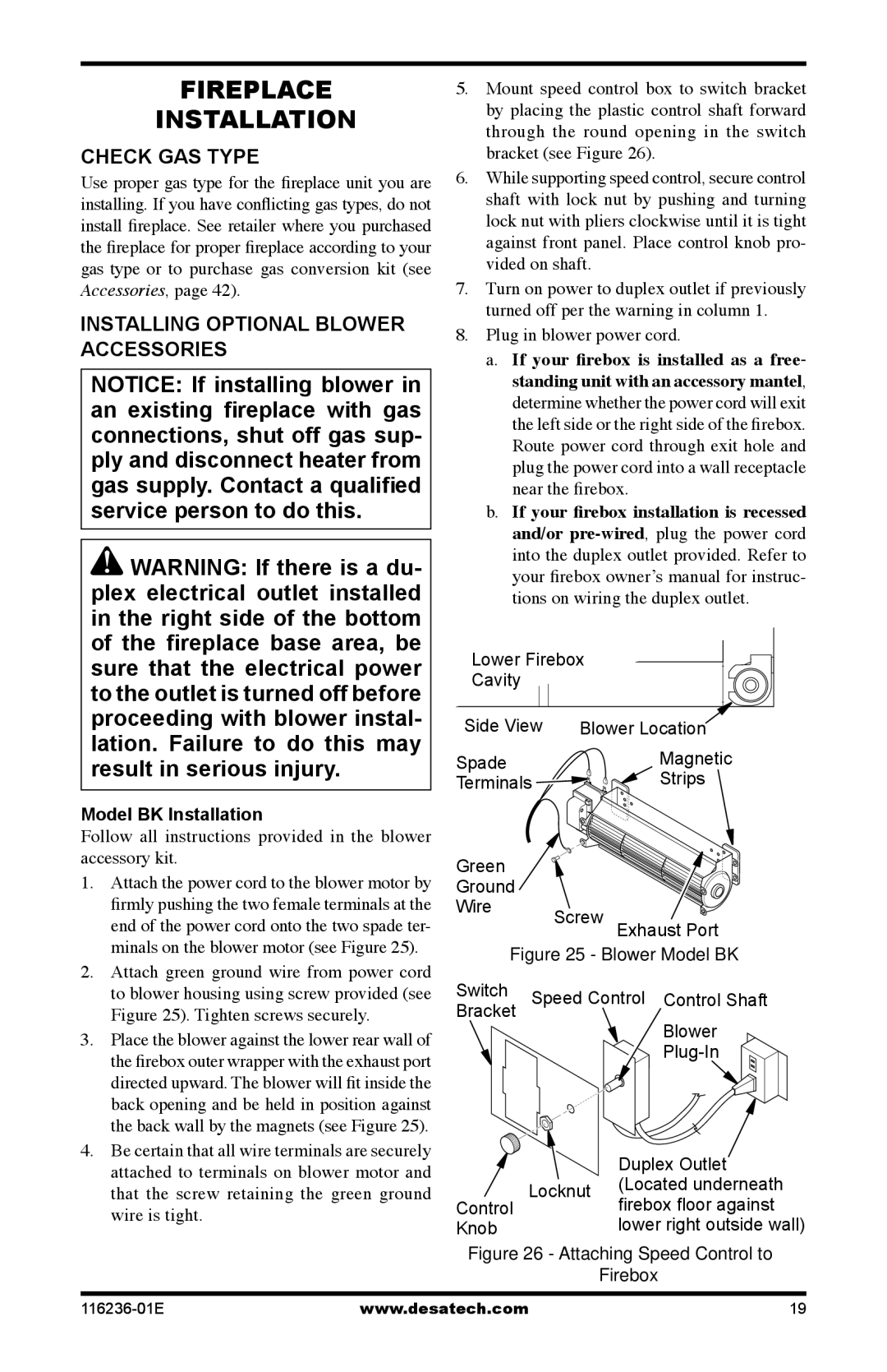 Desa VC42N, CGCDV42NR, VC42P, CGCDV42PR Fireplace Installation, Check GAS Type, Installing optional blower accessories 