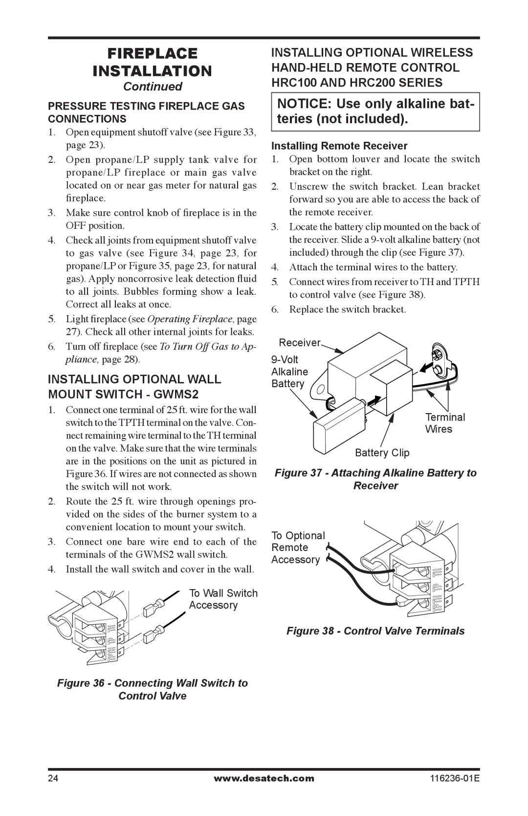 Desa (V)VC42P, CGCDV42PR Installing optional wall Mount Switch gwmS2, Pressure Testing Fireplace Gas Connections 