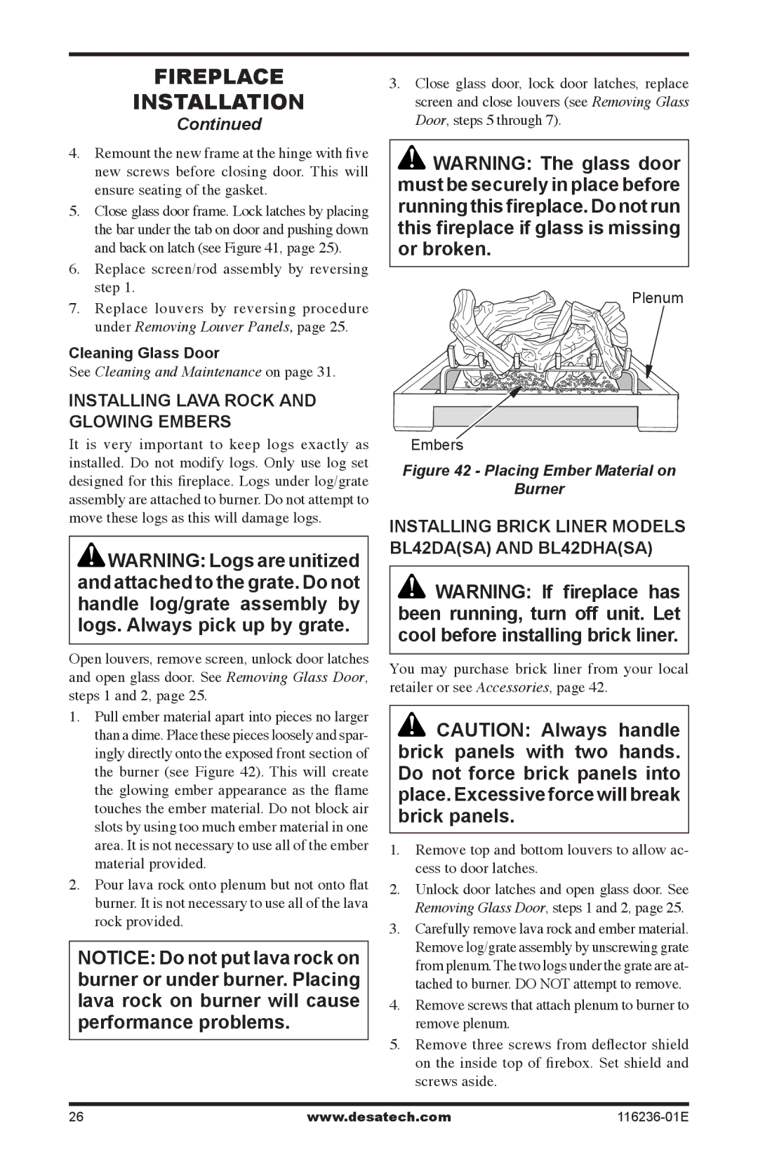 Desa (V)VC42P, CGCDV42PR Installing lava rock and glowing embers, Installing Brick liner Models BL42DASA and BL42DHASA 