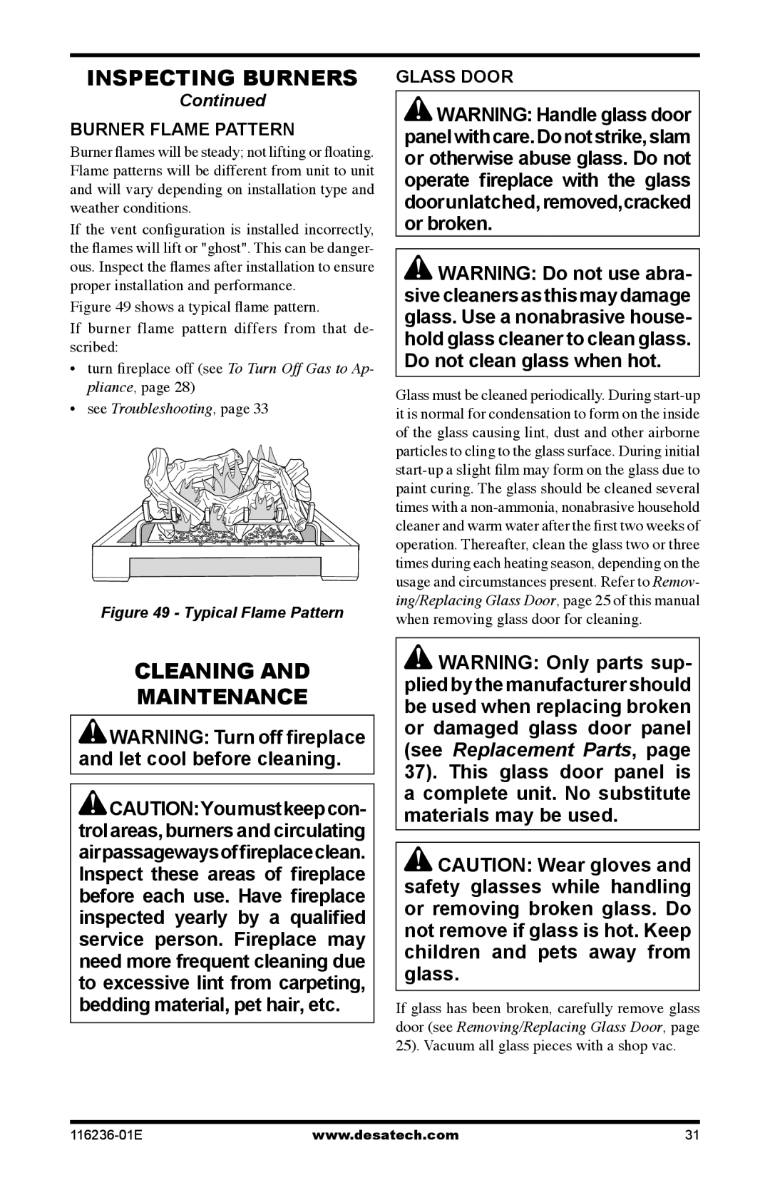 Desa VC42N, CGCDV42NR, VC42P, CGCDV42PR, (V)VC42P, CGCDV42PR Cleaning Maintenance, Burner Flame Pattern, Glass Door 