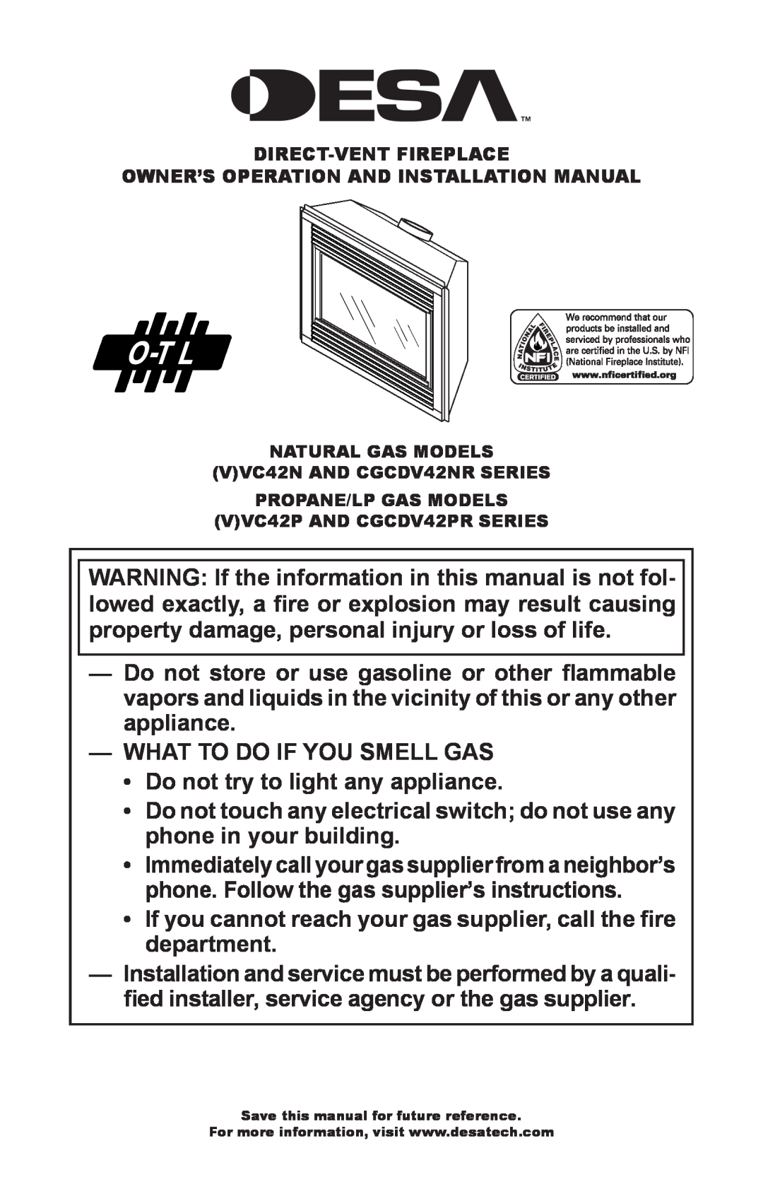 Desa VC42N, CGCDV42NR, VC42P, CGCDV42PR, (V)VC42P, CGCDV42PR installation manual What To Do If You Smell Gas 