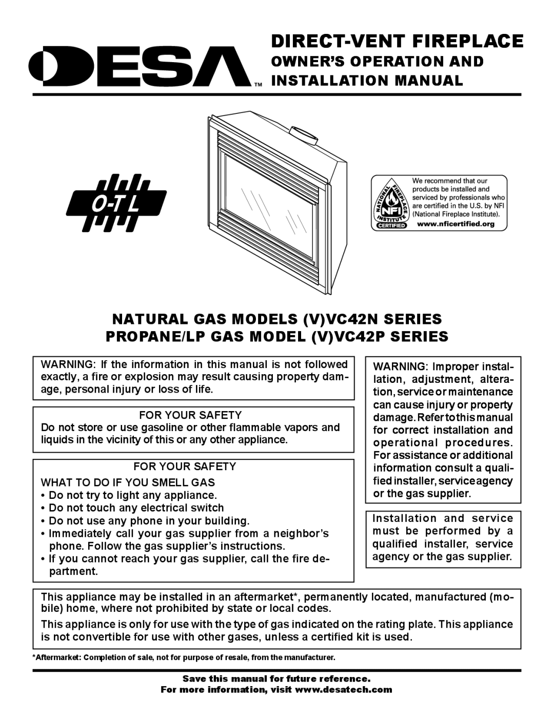 Desa (V)VC42N SERIES, (V)VC42P SERIES installation manual For Your Safety What to do if YOU Smell GAS 