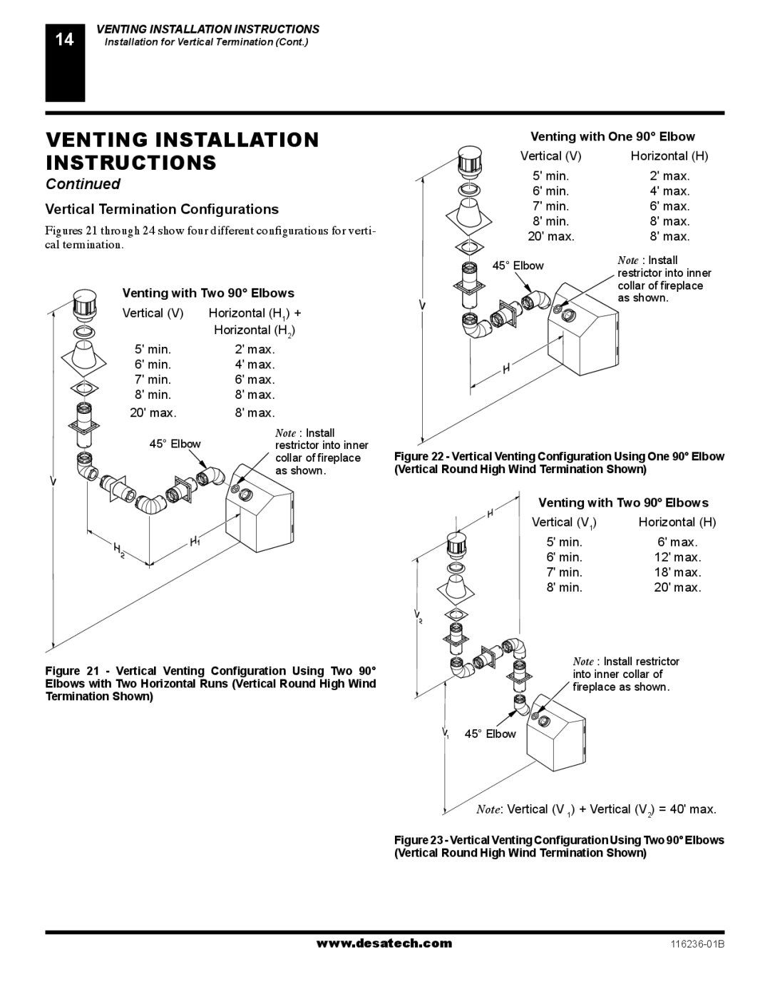 Desa (V)VC42P SERIES, (V)VC42N SERIES installation manual Vertical Termination Conﬁgurations, Venting with One 90 Elbow 